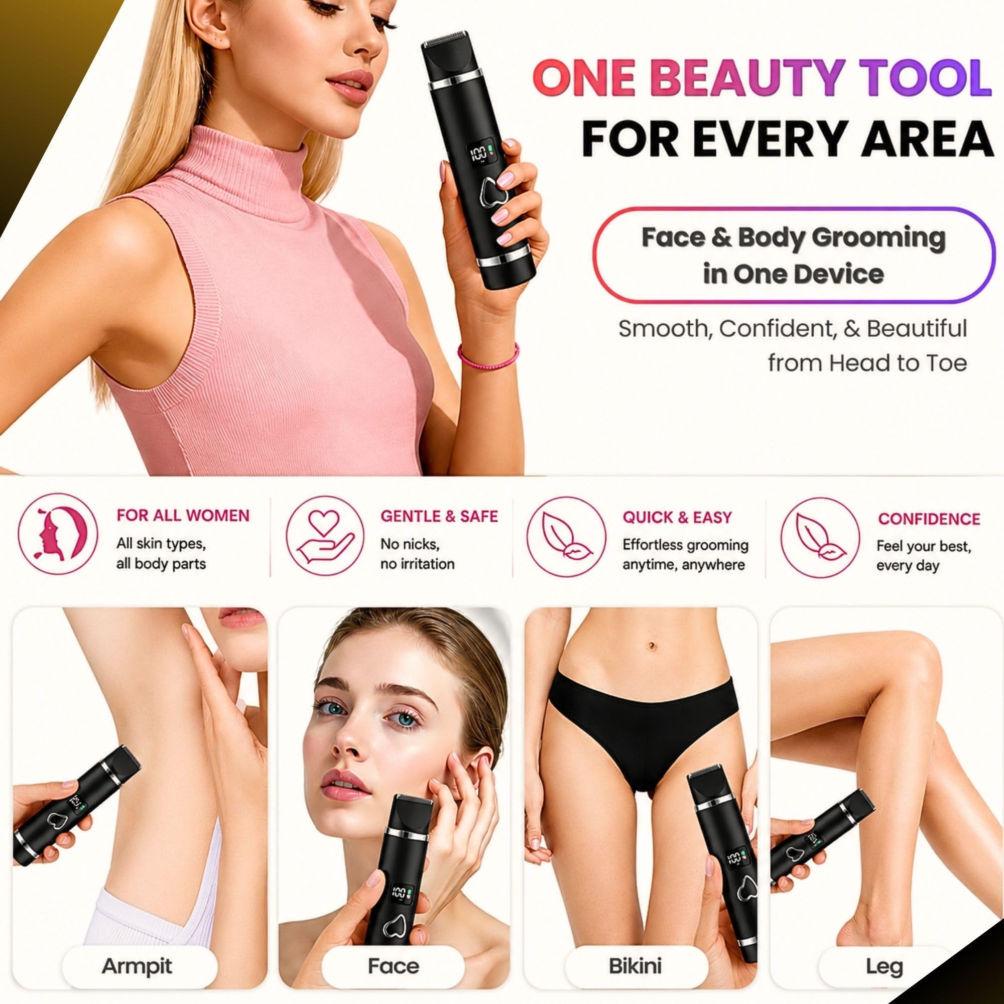 Elektrischer Rasierer für Damen und Herren, Bikini-Trimmer & Gesichtshaarentferner, wiederaufladbarer Körperrasierer mit Keramikklinge, wasserdicht, LED-Display, USB-C, Reiseschloss, Groomer Geschenk