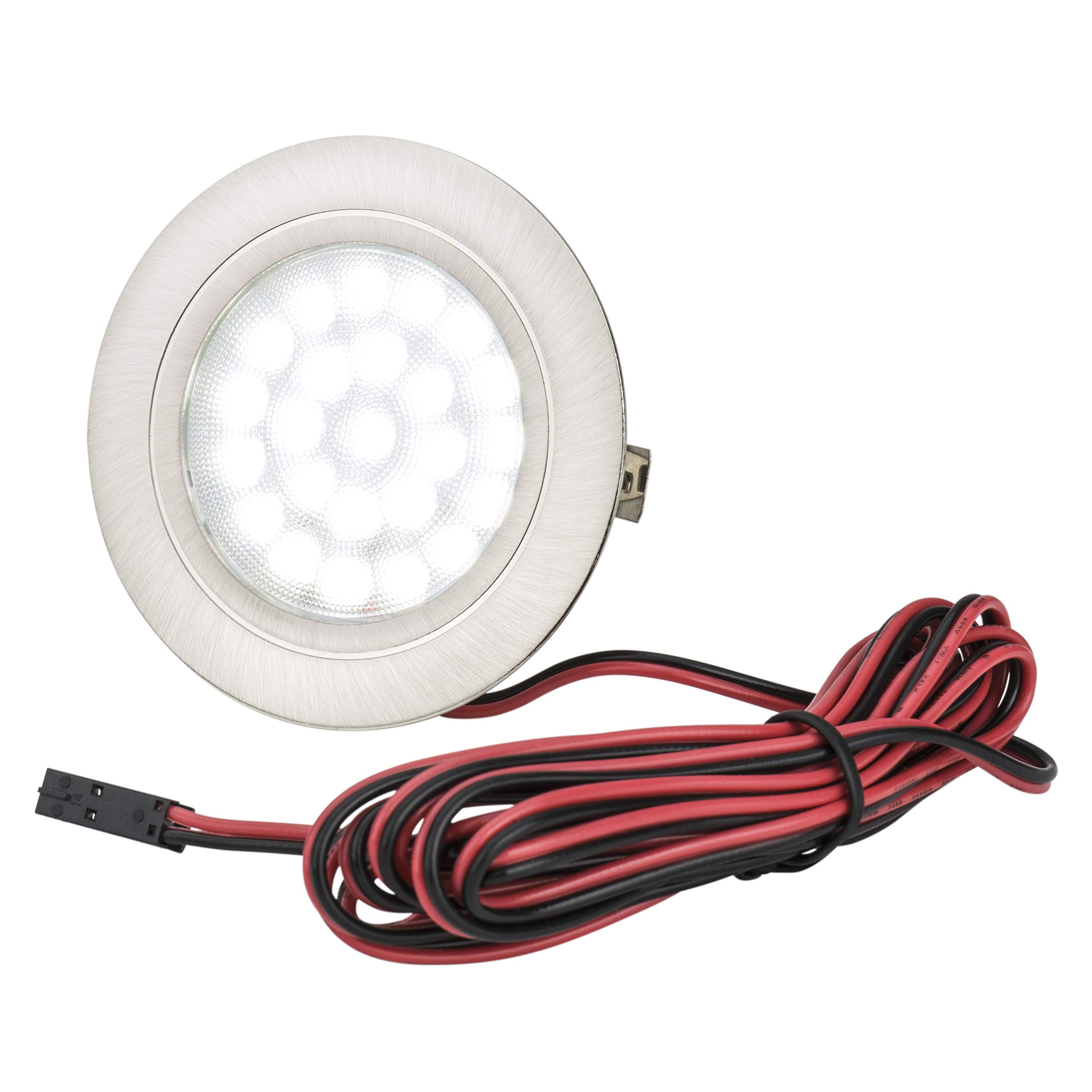 JungesLicht 3er Set LED Möbelleuchte Tim 2Watt 12V DC, inkl. LED Trafo, Anschlusskabel und Amp-Verteiler, 6000Kelvin tageslichtweiß 200Lumen, passend für Bohrlöcher von 54-58mm, Außen 65mm, 12mm Tiefe