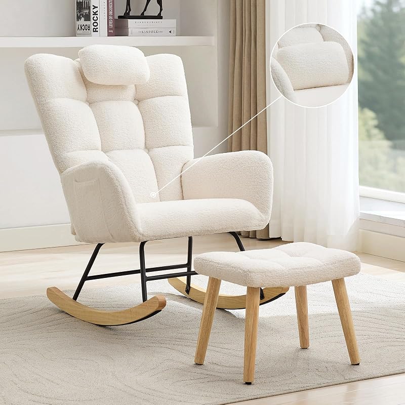 Garvee Nursery Rocking Chair with Ottoman, Teddy Upholstered Glider Rocking Chair with High Backrest, Armchair Reading Chair for Adults, Nursery, Bedroom, Living Room, Office, White with Ottoman