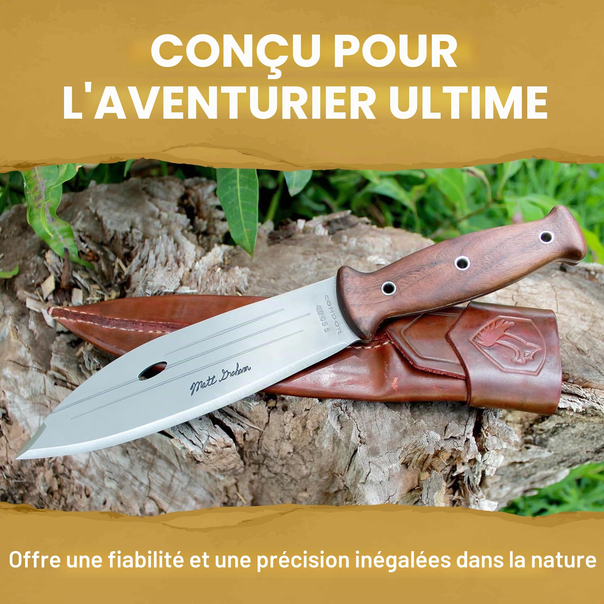 Condor Outil et couteau Terrasaur Couteau à lame fixe Desert – Acier à haute teneur en carbone 1095 – Gaine en polypropylène résistant aux impacts – Bord scandinave – Épaisseur 3 mm – Lame de 10,7 cm