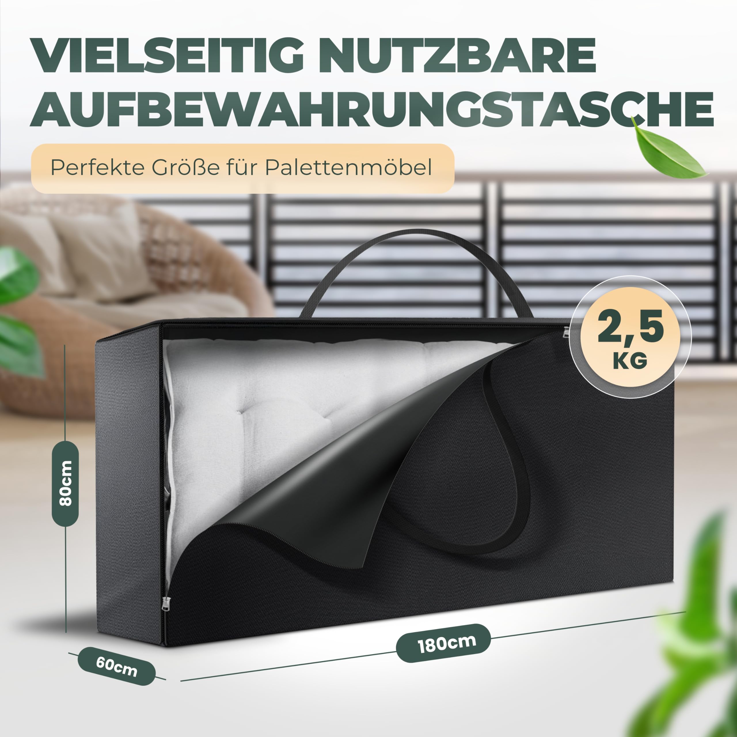 Borsa portaoggetti XXL 180 x 60 x 80 cm per cuscini da giardino, copriletti, vestiti, imbottitura da giardino, biancheria da letto, vestiti, grande borsa impermeabile con chiusura lampo