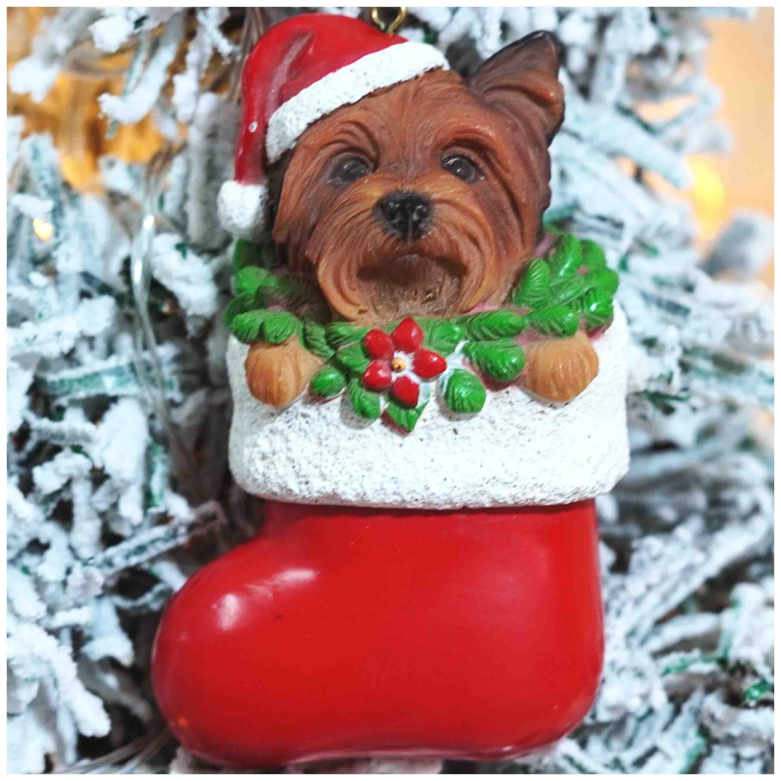Cici & Jimmy Puppy Yorkshire Terrier Dog in Christmas Sock with Poinsettia for Holiday Decoration Gifts