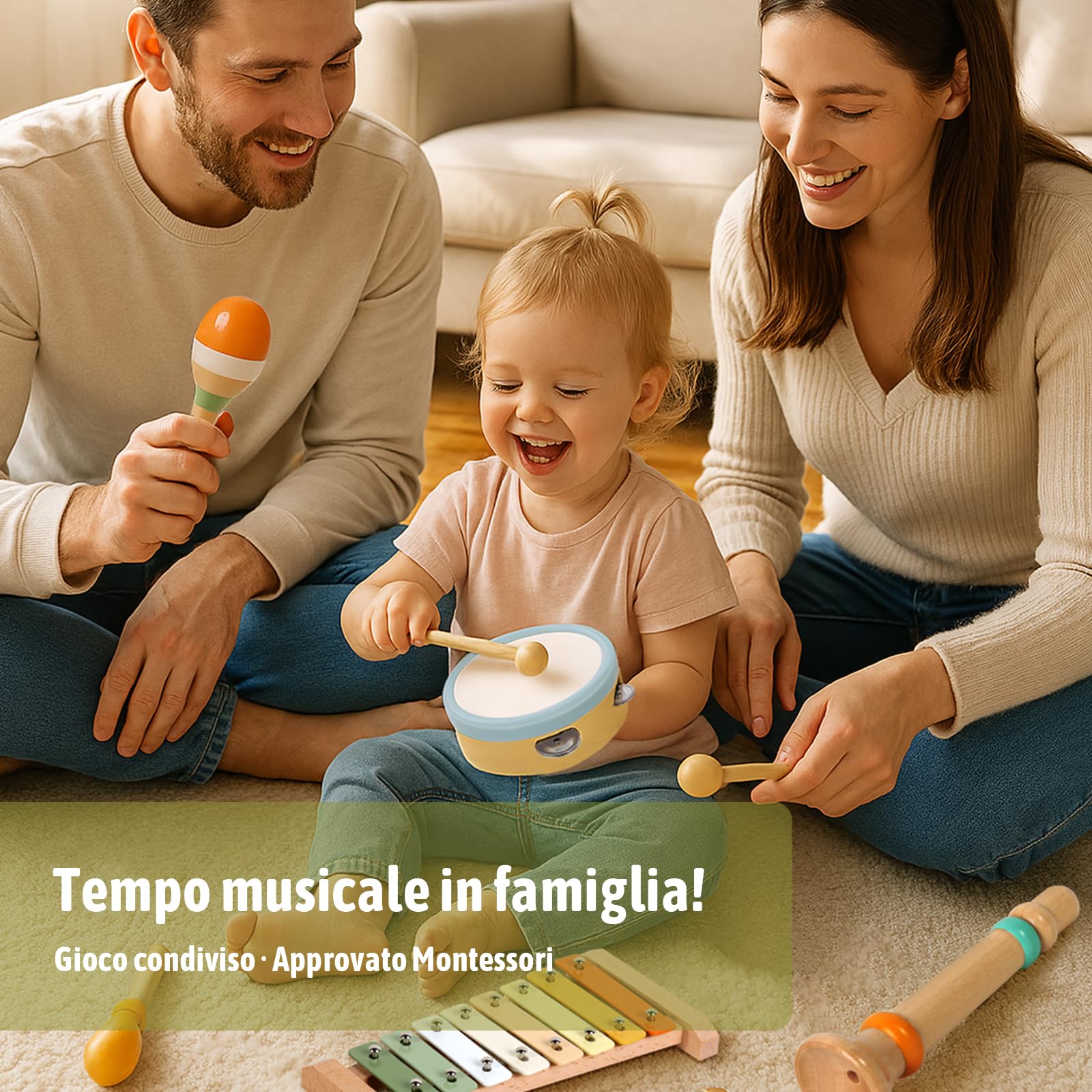 Strumenti Musicali Bambini, Giochi Montessori Sensoriale in Legno, Tamburo Bambino Xilofono Maracas, Tambourine Percussioni Giochi Bambini, Natale e Compleanno Regalo Bambino 1 2 3 Anno