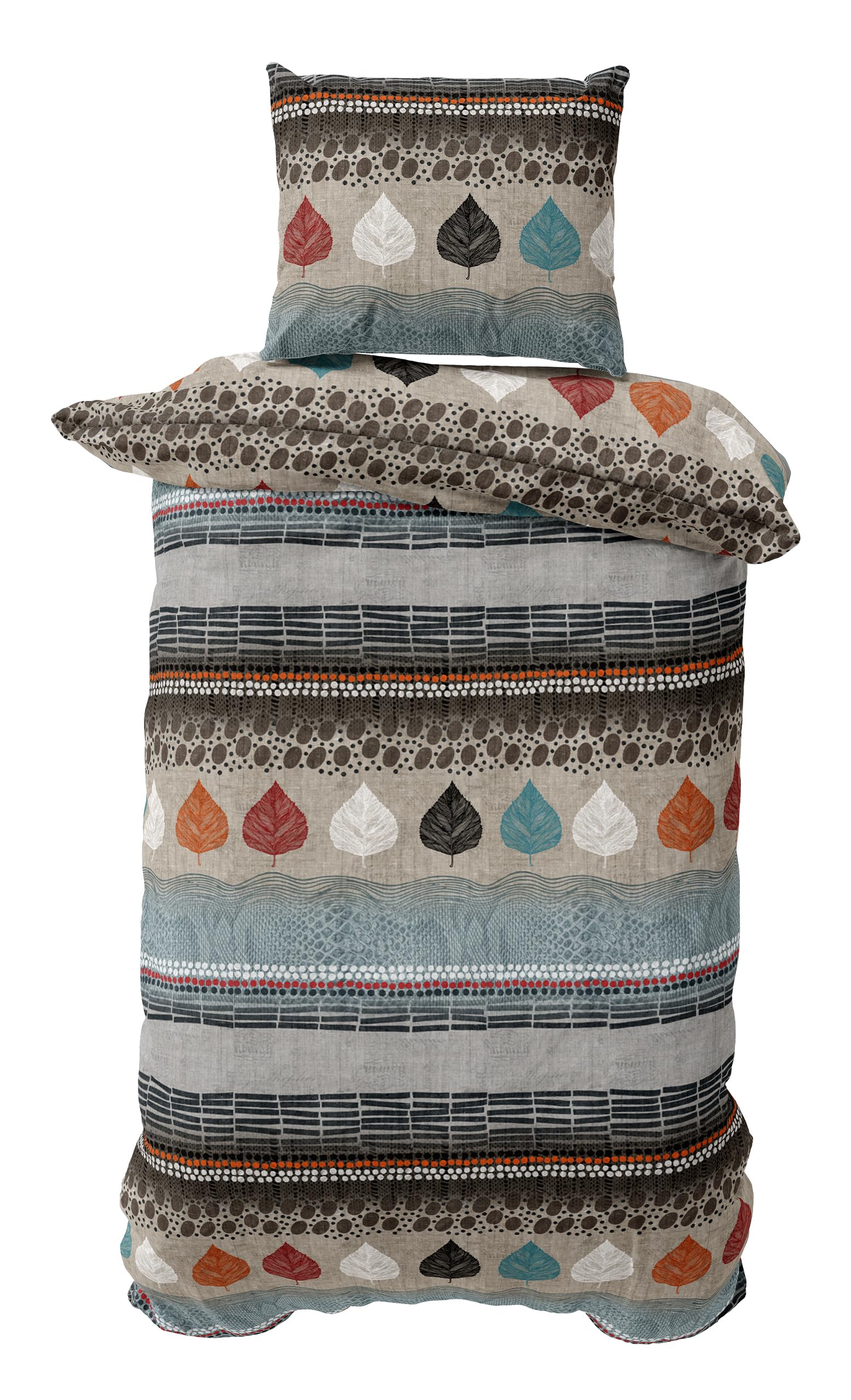 Ropa de cama de algodón de 135 x 200 cm, 2 piezas, 1 funda nórdica de 135 x 200 cm y 1 funda de almohada de 80 x 80 cm, con cremallera, certificado ÖKO TEX, transpirable, beige, gris, azul