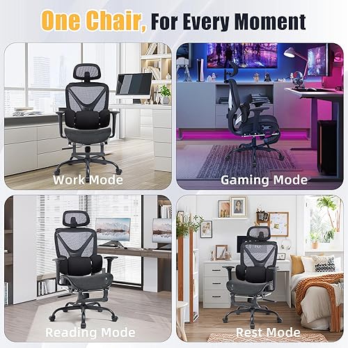 Miniatura 8 de Silla de oficina ergonómica  Silla de escritorio ejecutiva de malla con soporte lumbar dinámico de 3 zonas y reposacabezas ajustable 3D  Silla