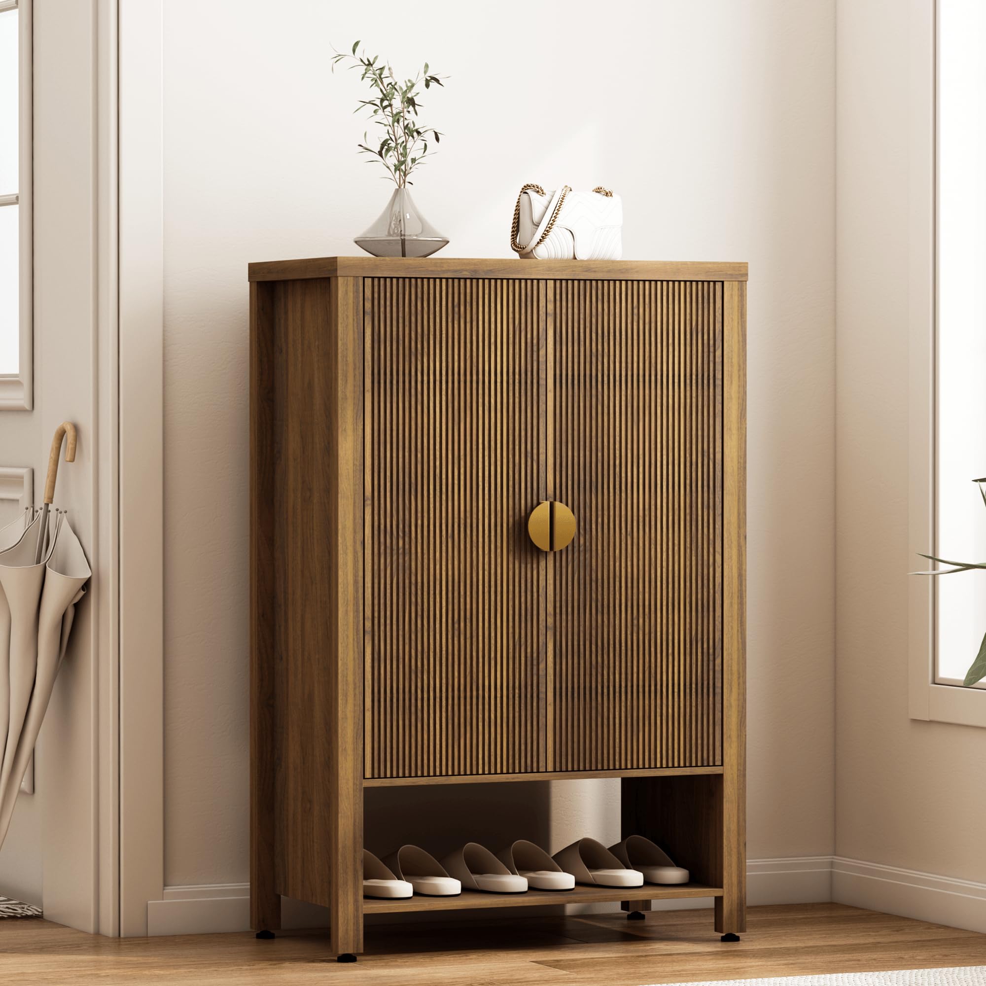 Veegle Modern Shoe Cabinet with Doors, 6-Tier Shoes Storage Cabinet Entryway Shoe Cupboard Wooden Shoe Rack for Hallway, Closet, Living Room (Walnut Brown)