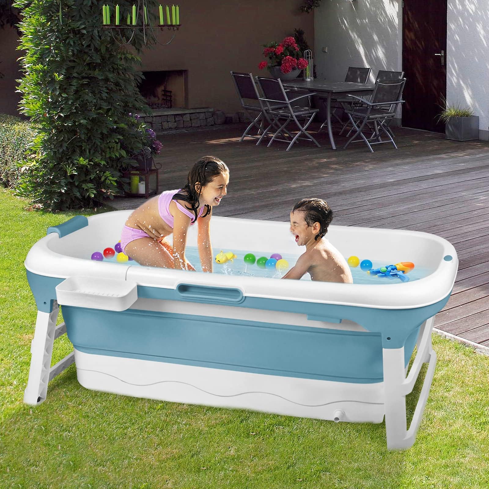 ACXIN Bañera plegable para adultos, bañera móvil con cubierta, cesta de jabón extraíble, ruedas de masaje, práctica y portátil, ideal para baños pequeños (148 x 62 x 53 cm)