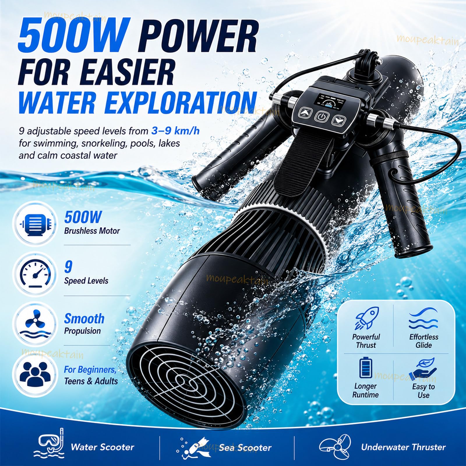 Scooter Submarino Para Buceo, 500 W, 9 Velocidades, Mando Remoto | 3-9 Km/H, Batería De 16000 Mah, Control Con Cable E Inalámbrico, Compatible Con Sup Y Kayaks Seleccionados