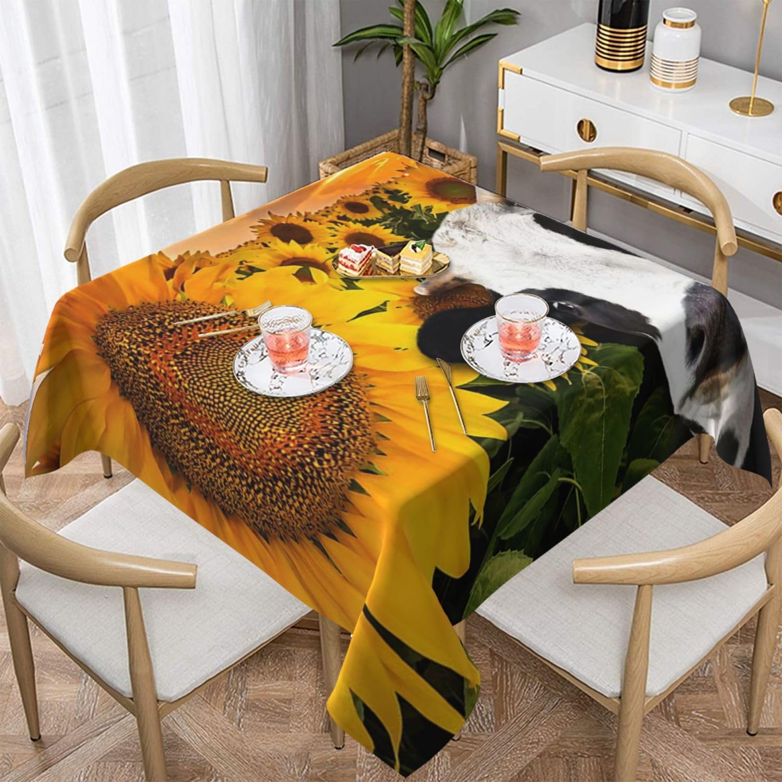 DCEHGEW Sunflower and Cow Prints Square Tablecloth 137x137 CM, Waterproof Fabric Table Cloth for Dining Table, Farmhouse Table Cover for Kitchen Dining Tabletop Decoration