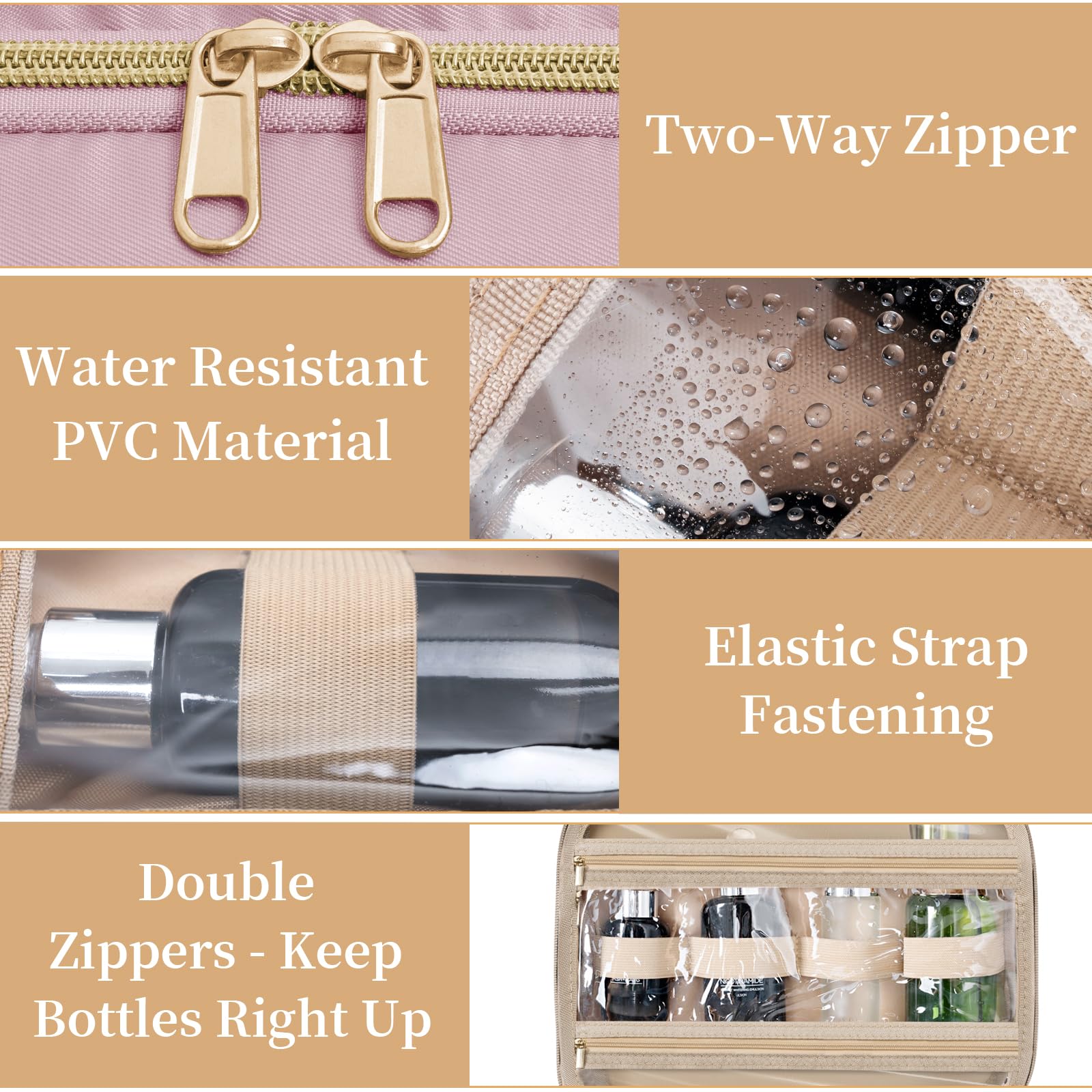 Neceser de viaje, espaciosa bolsa de aseo con gancho para colgar, bolsa de maquillaje impermeable para mujeres y hombres, artículos esenciales de viaje, Rosa, M