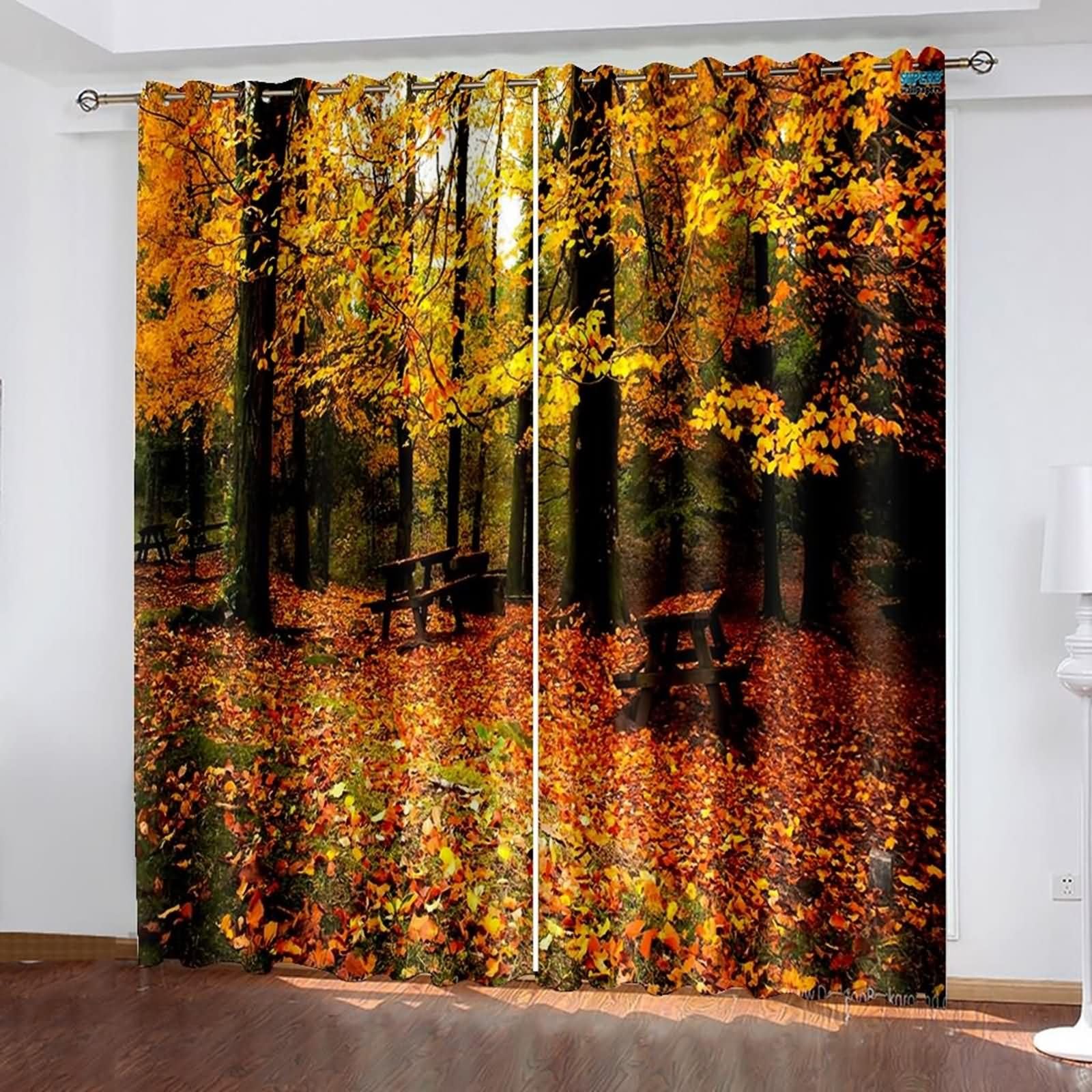 Zasłony zaciemniające okno 2 panele, 2 x 107 W x 229H cm, zasłony okienne przelotki jesienny leśny krajobraz zasłony okienne sypialnia pomarańczowy