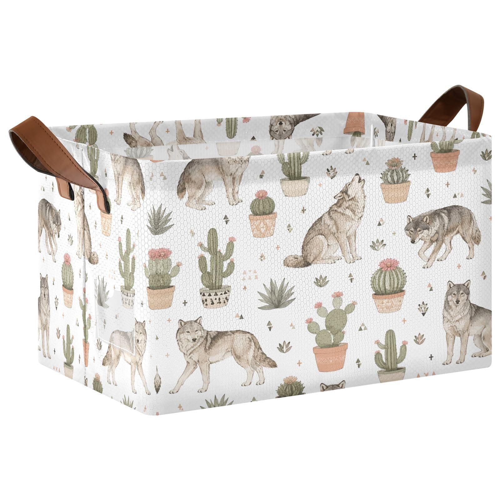 Ewusp Wolf Storage Basket with Handles Waterproof Collapsible Storage Bin Closet Organiser Dog Toy Basket for Bedroom Nursery Office Home Organizing