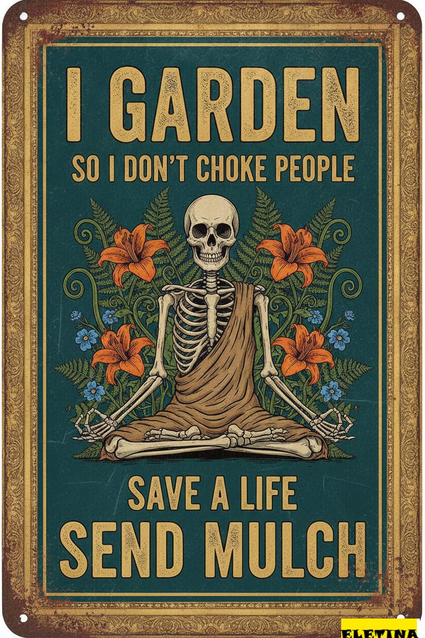 Personalized Sign for Man Cave Funny Garden Decor Metal, Dark Humor Gardening With Skeleton, Vintage Rustic Outdoor Metal Wall Art, 8x12 Inch Private Property Decorative