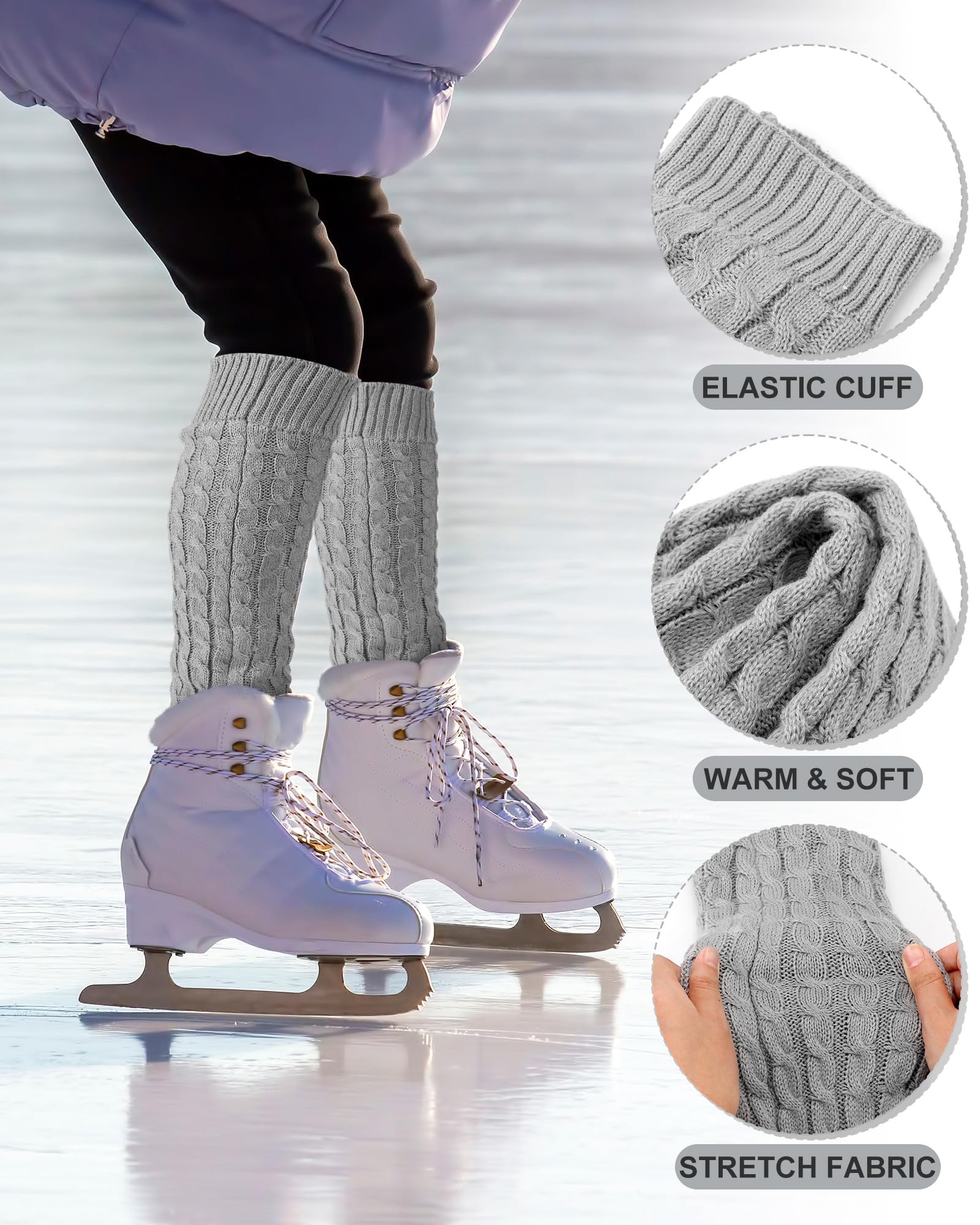 Chuarry Juego de 4 calentadores de piernas y diadema para patinaje artístico, calentadores de piernas de forro polar para invierno, diadema trenzada para mujeres y niñas
