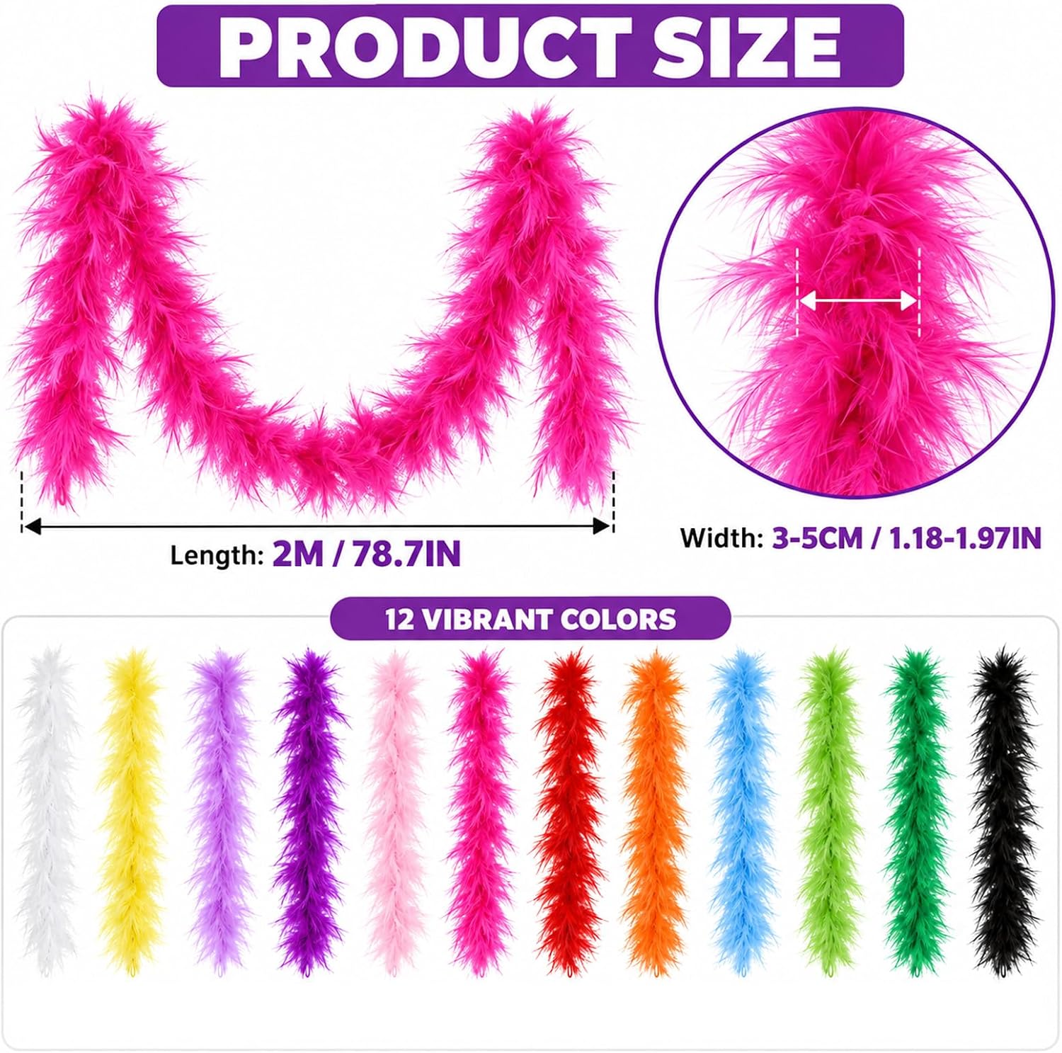 ZUQIAN 24PCS Feather Boas, 6.6 FT Colorful Feather Boas Party Pack, Artificial Boas Bulk Fluffy Turkey Feather Scarf for Birthday, Halloween, Costume DIY, Craft Decoration