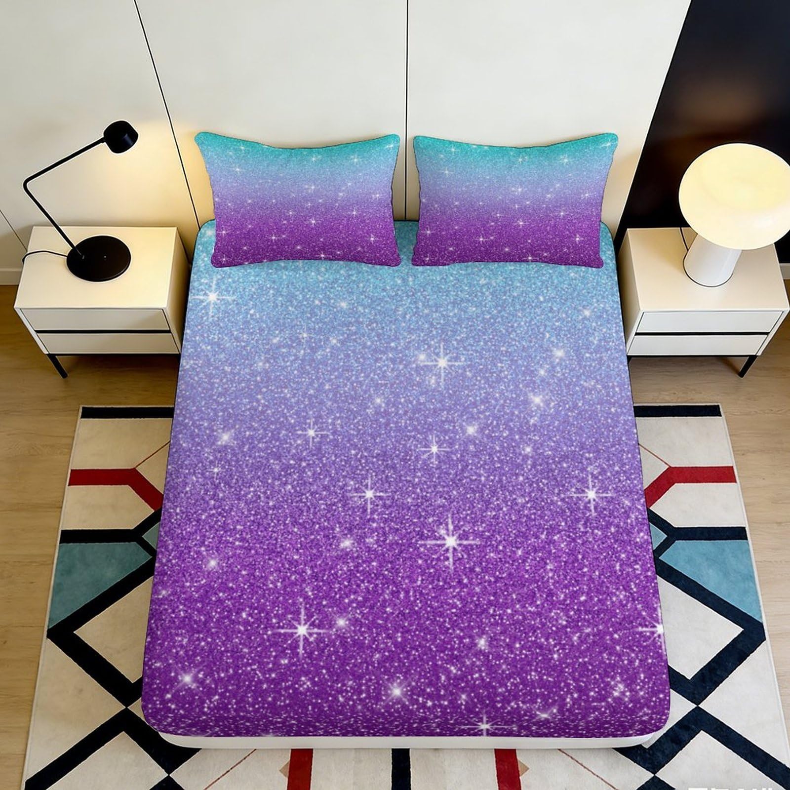3D Printed Purple Glitter Ombre Fitted Sheet Microfiber Gradient Sparkle Mattress Cover Anti-Slip Washable Bedroom Decor 180x200x25cm