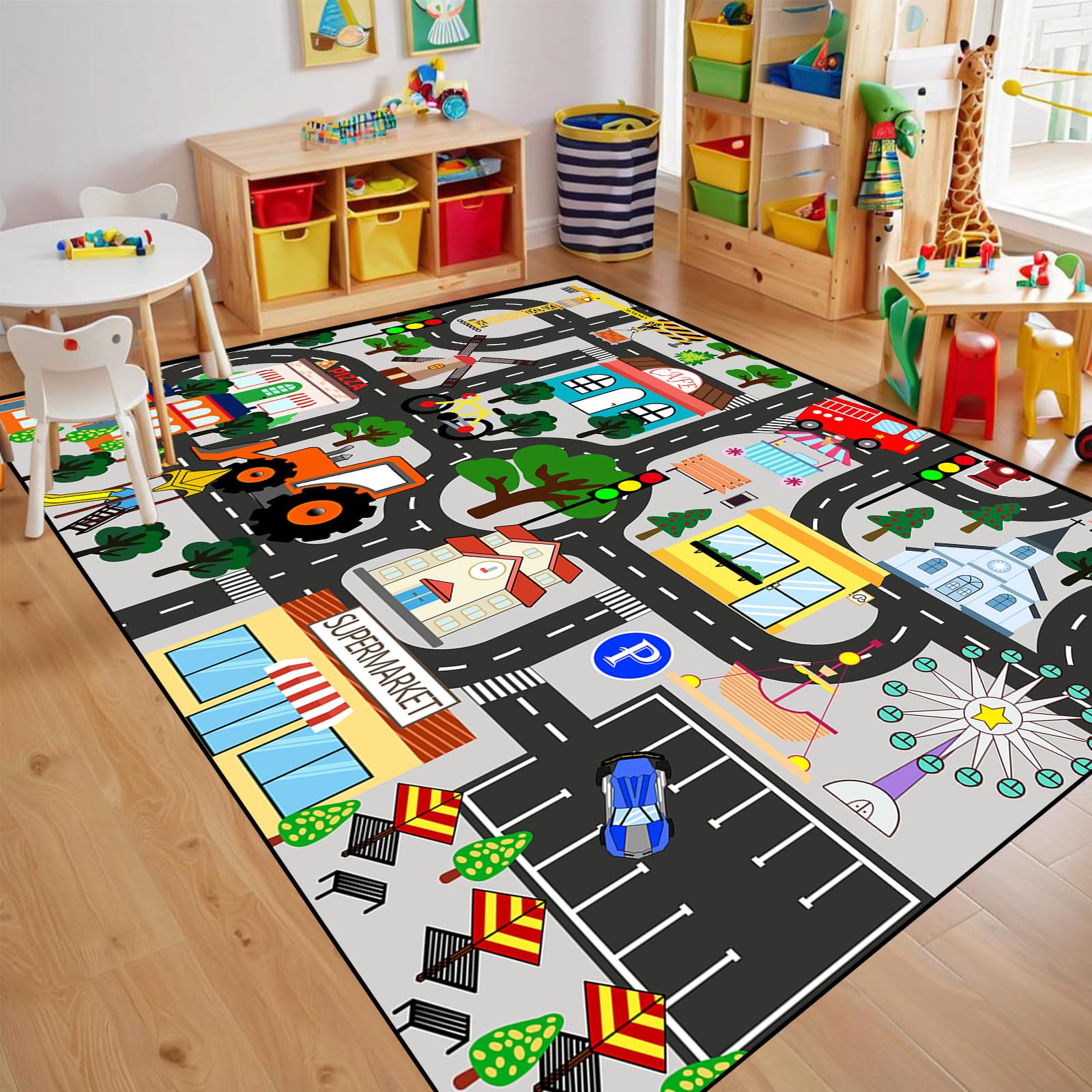 Kids Carpet for Bedroom - Car Rug for Kids 3x5 Feet, Educational Traffic Carpet Town City Road Map Rug, Kids Carpet for Playroom Bedroom Boys, Car