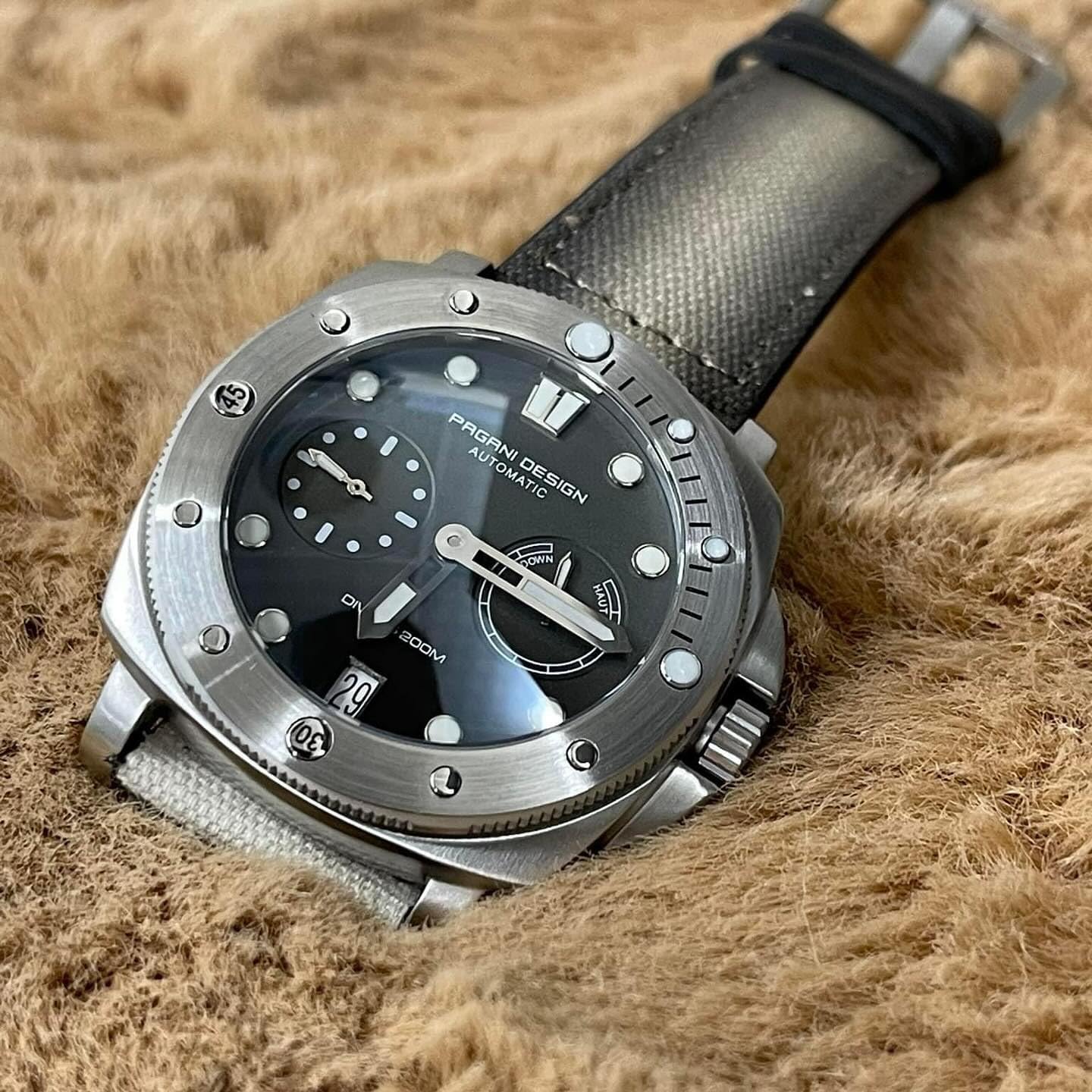 Pagani Design 1767 Reloj de Hombre automático 41MM Caja de Acero Inoxidable Espejo de Zafiro Reloj de Hombre con Cuerda automática Correa de Nylon. (Verde Claro)