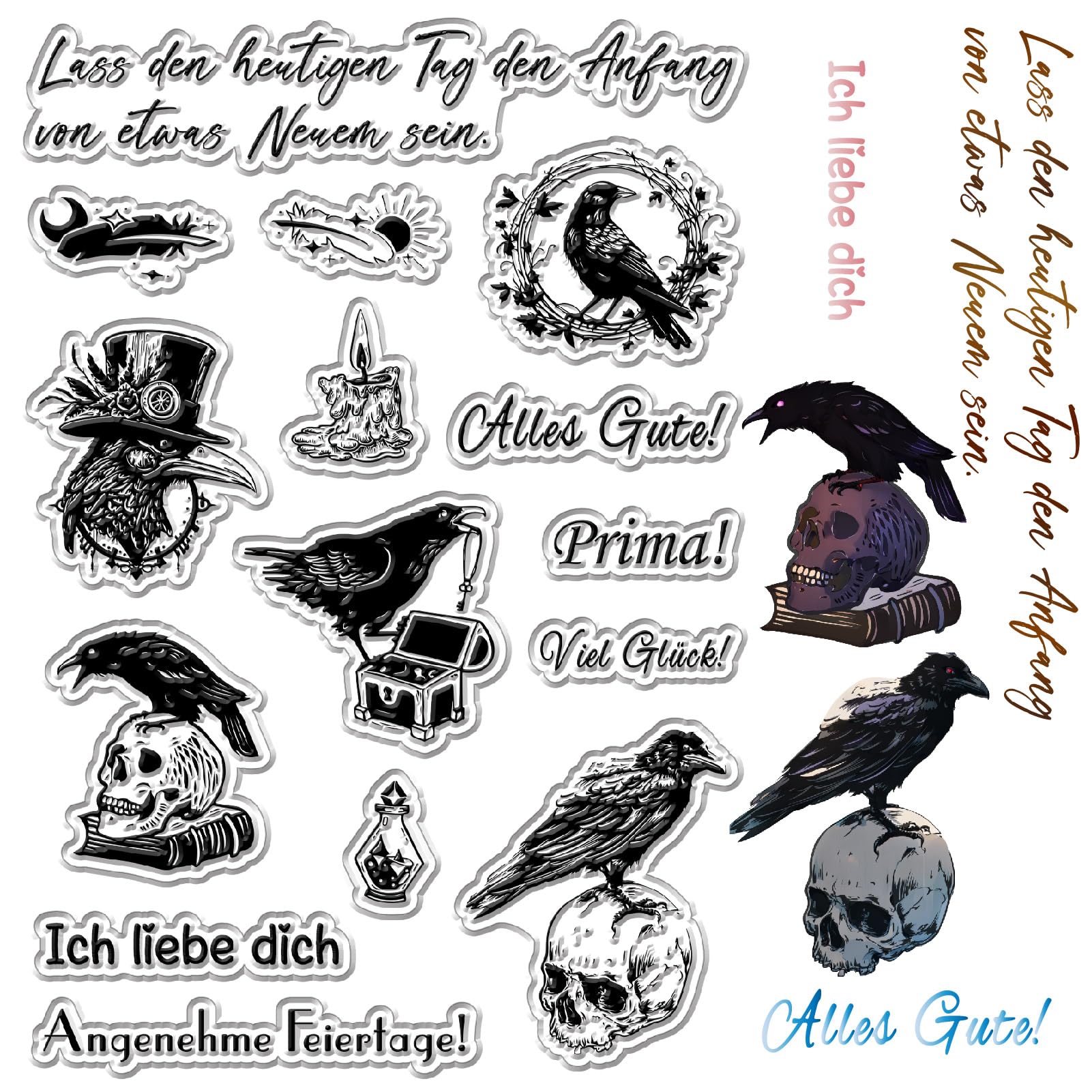 CRASPIRE Raven Clear Stamps German Text Skull Reusable Postmark Transparent Silicone Stamp Seals for Journaling Card Making Decor DIY Scrapbooking Film Frame Photo Album Decorative