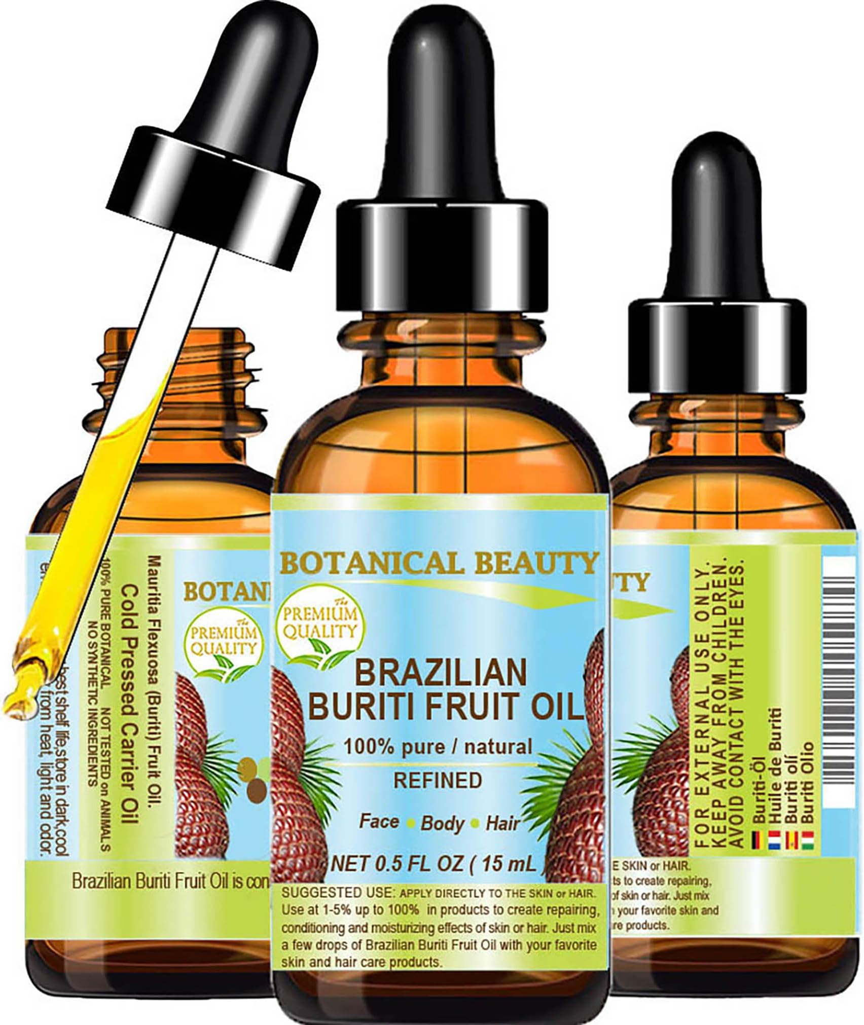 Botanical Beauty Brazilian BURITI FRUIT OIL 100% Pure Natural Refined Cold Pressed Carrier Oil Undiluted 0.5 Fl Oz - 15 ml for Face, Skin, Body, Hair, Nails