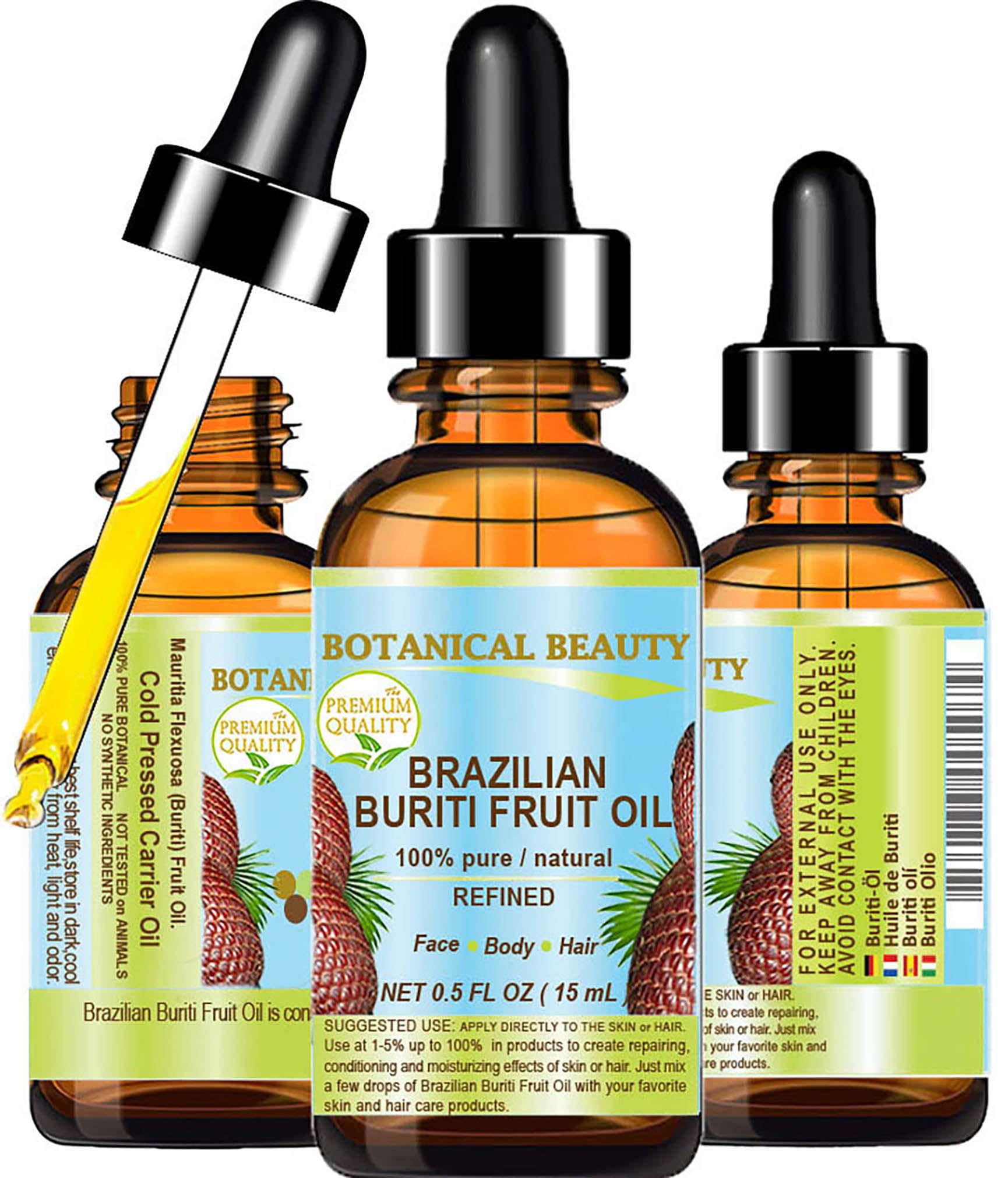 BURITI FRUIT OIL Brazilian. 100% Pure/Natural/REFINED Undiluted Cold Pressed Carrier Oil For Face, Body, Hair, Lip and Nail Care. 0.5 fl oz- 15 ml. "One the richest natural source of vitamin A,