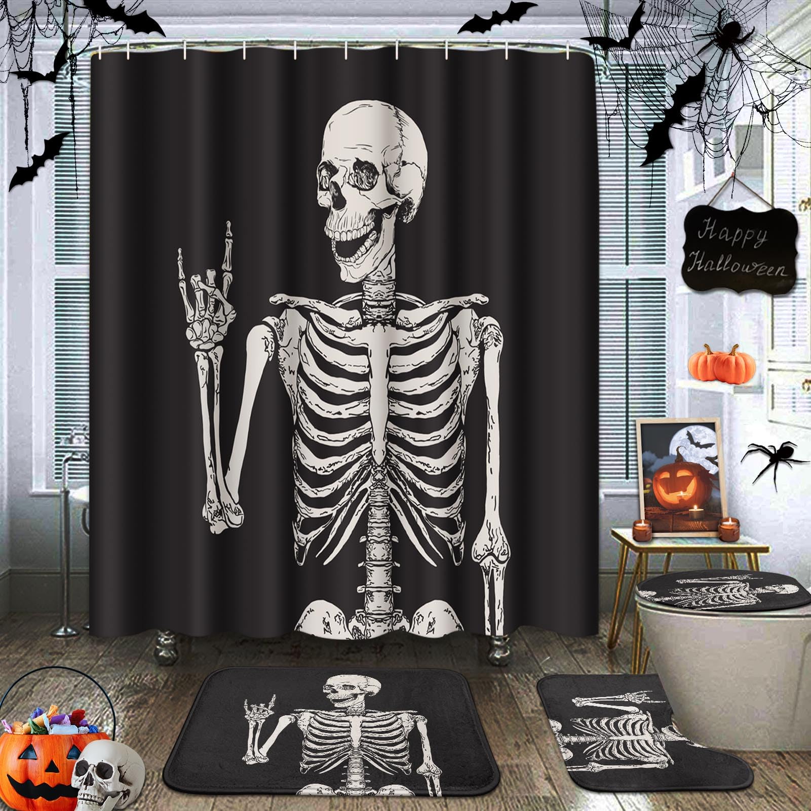 Juego de baño de esqueleto con cortina de ducha y alfombras, accesorios de calavera de roca de terror, retro, negro, cortina de ducha creativa para decoración de baño, 4 piezas