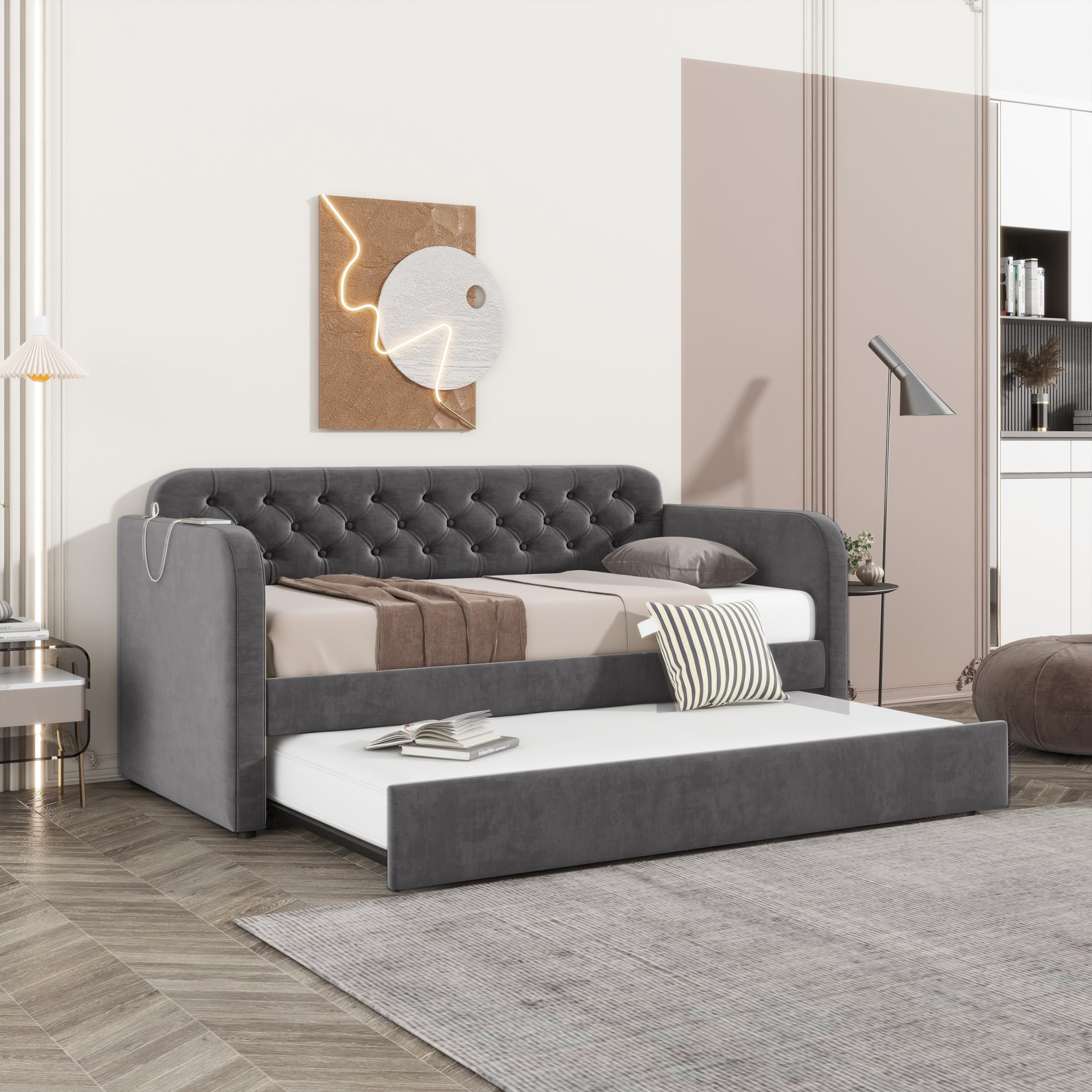 Ball and Cast Velvet Twin Daybed with Trundle in Dark Gray