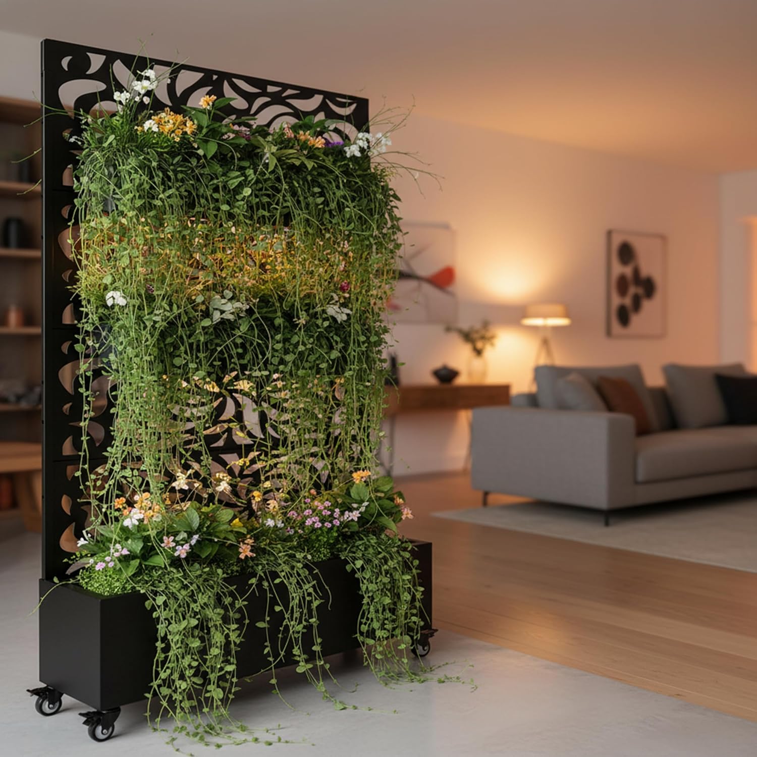 Leaf Pattern Privacy Screen Planter Box Freestanding Metal Outdoor Divider Panel Decorative Fence Garden Partition Rolling Wheels for Patio Balcony Backyard Courtyard Terrace Porch (Black)