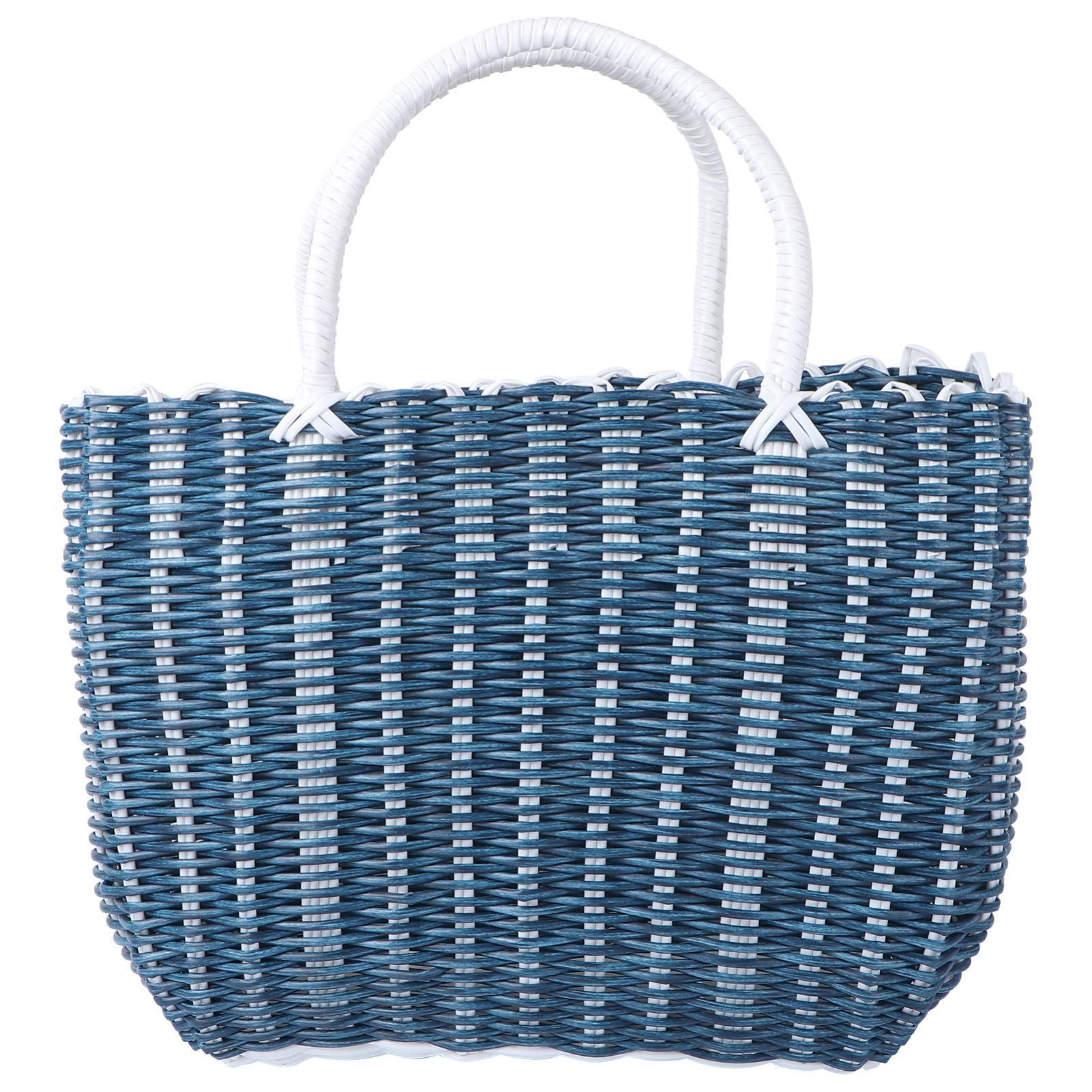 Cabilock Woven Market Basket Portable French Grocery Basket Straw Beach Bag Shopping Hand Basket Nursery Storage Bin Gift Bag for Home Kitchen (Navy)
