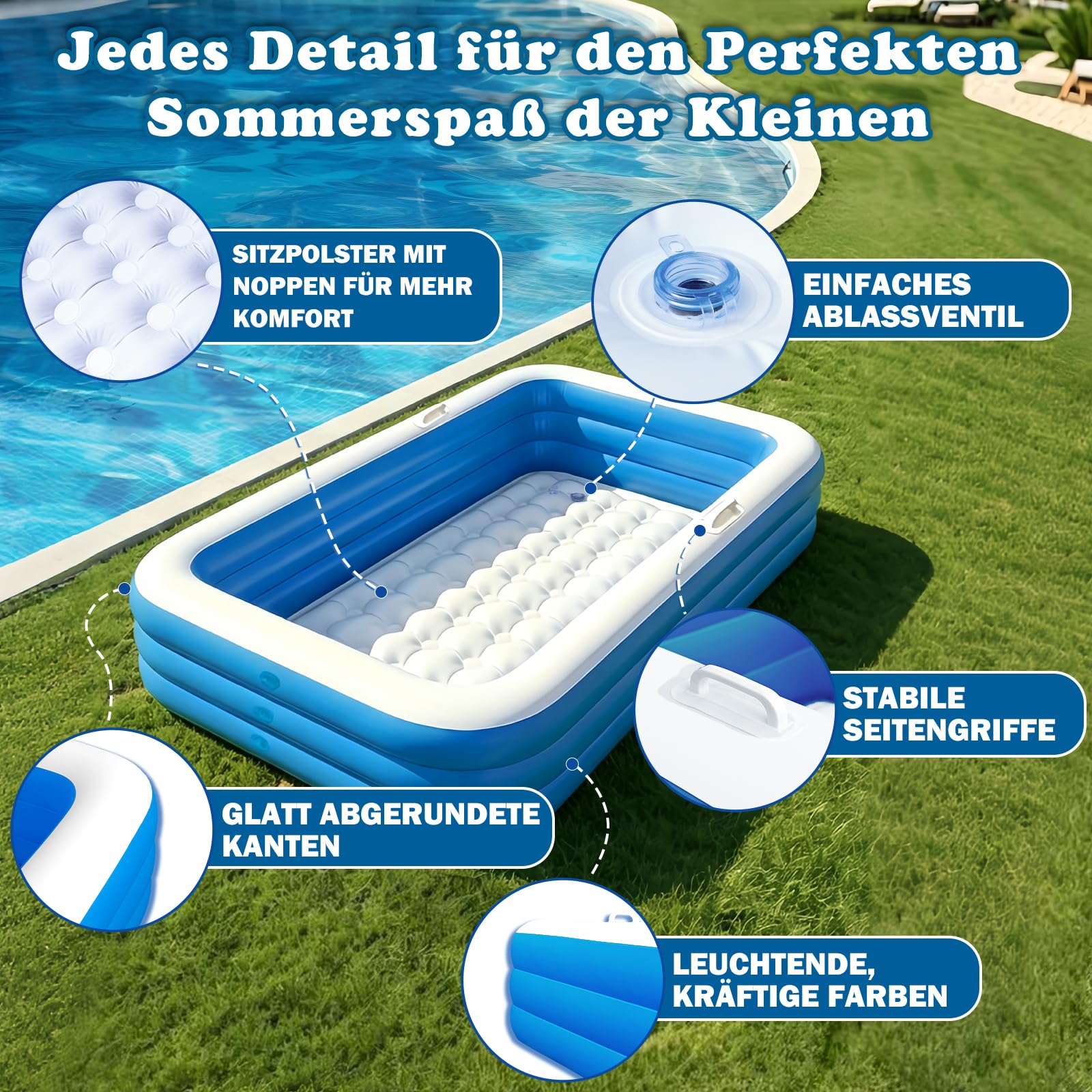 Planschbecken für Kinder, Aufblasbarer Planschbecken Rechteckig mit 2 Beachball und 2 Mini-Wasserpistole, Verdickter Swimmingpool Kinder für Garten, Outdoor, Sommer-Wasserpartys (Blau)