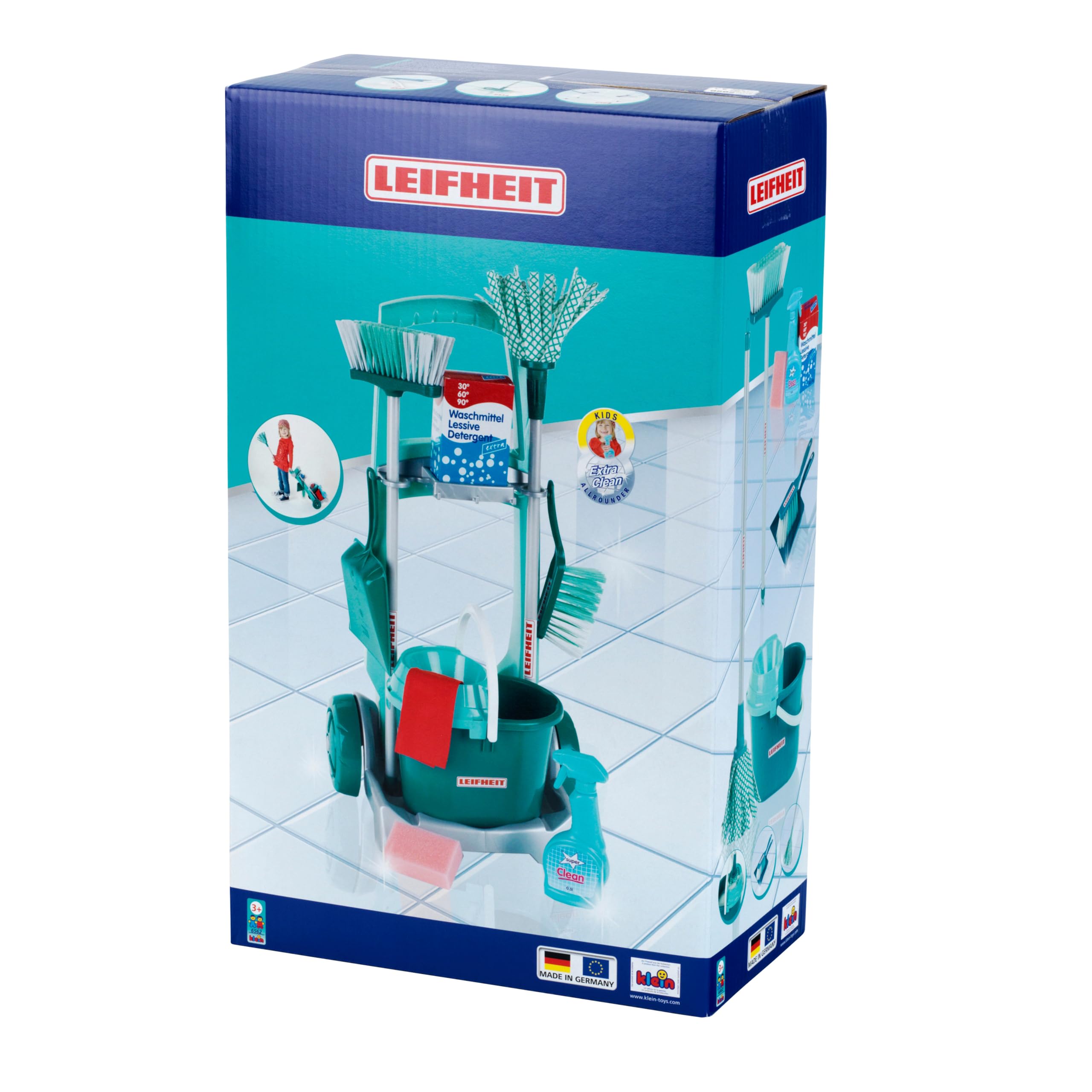 Theo Klein 6562 Chariot de ménage Leifheit - Livré avec de Nombreux Accessoires : Balai, Balai à Franges, Pelle et balayette, Seau, etc - Dimensions : 29 x 24 x 60 cm - pour Enfants à partir de 3 Ans
