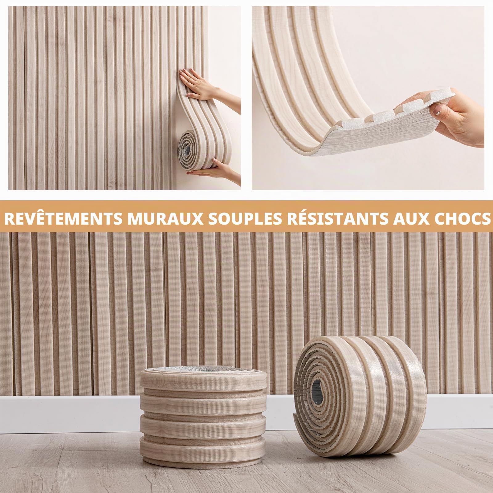 Panneaux muraux rembourrés, 11 mm d'épaisseur, anti-collision autocollant, coussin en mousse souple 3D, protection des bords muraux, protection murale, 16 cm x 2,8 m (grain)
