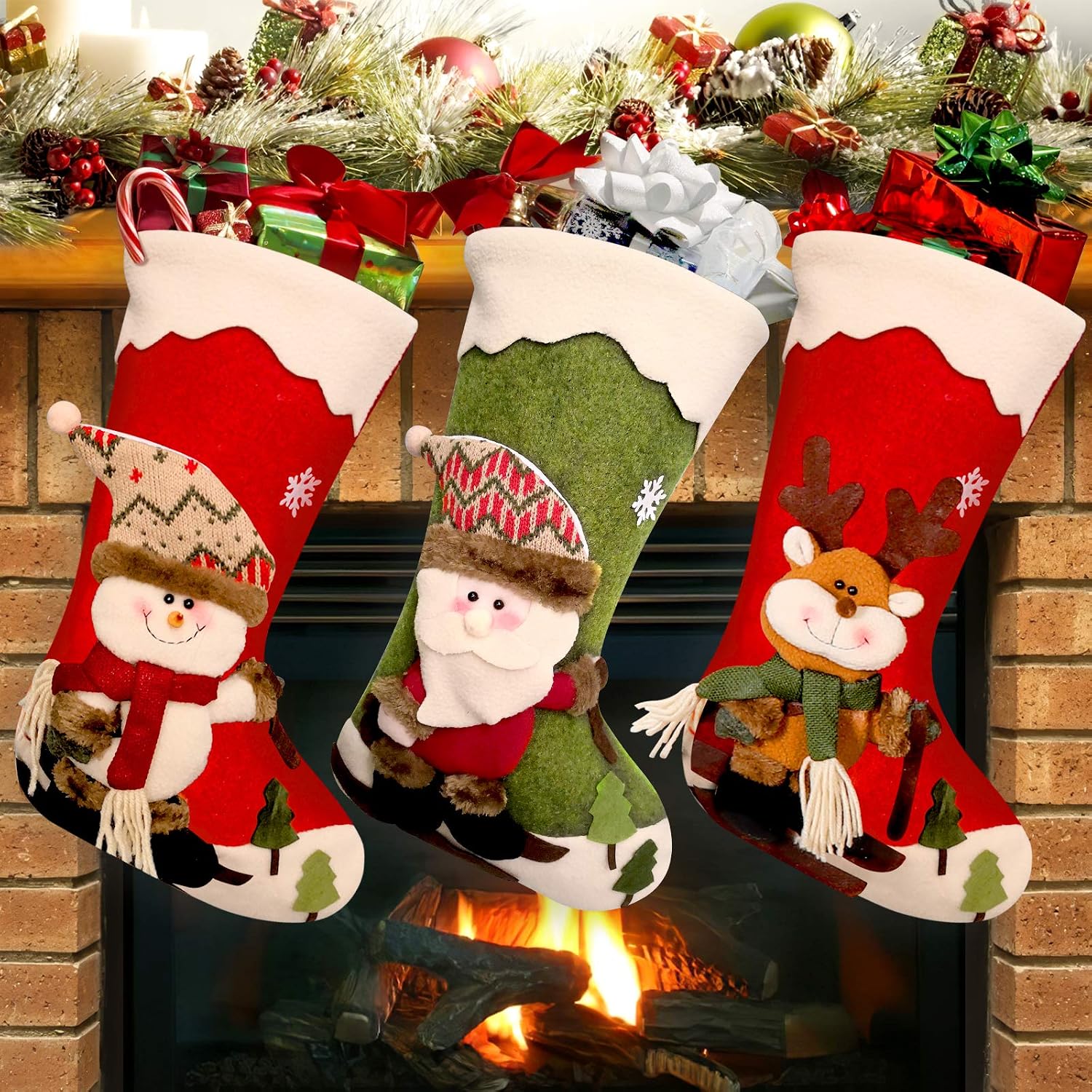 POPUTOY Christmas Stockings, 3 Pack 18" Personalized Large Christmas Stockings Santa, Snowman, Reindeer, Xmas Character 3D Plush with Faux Fur Cuff Party and Christmas Decorations