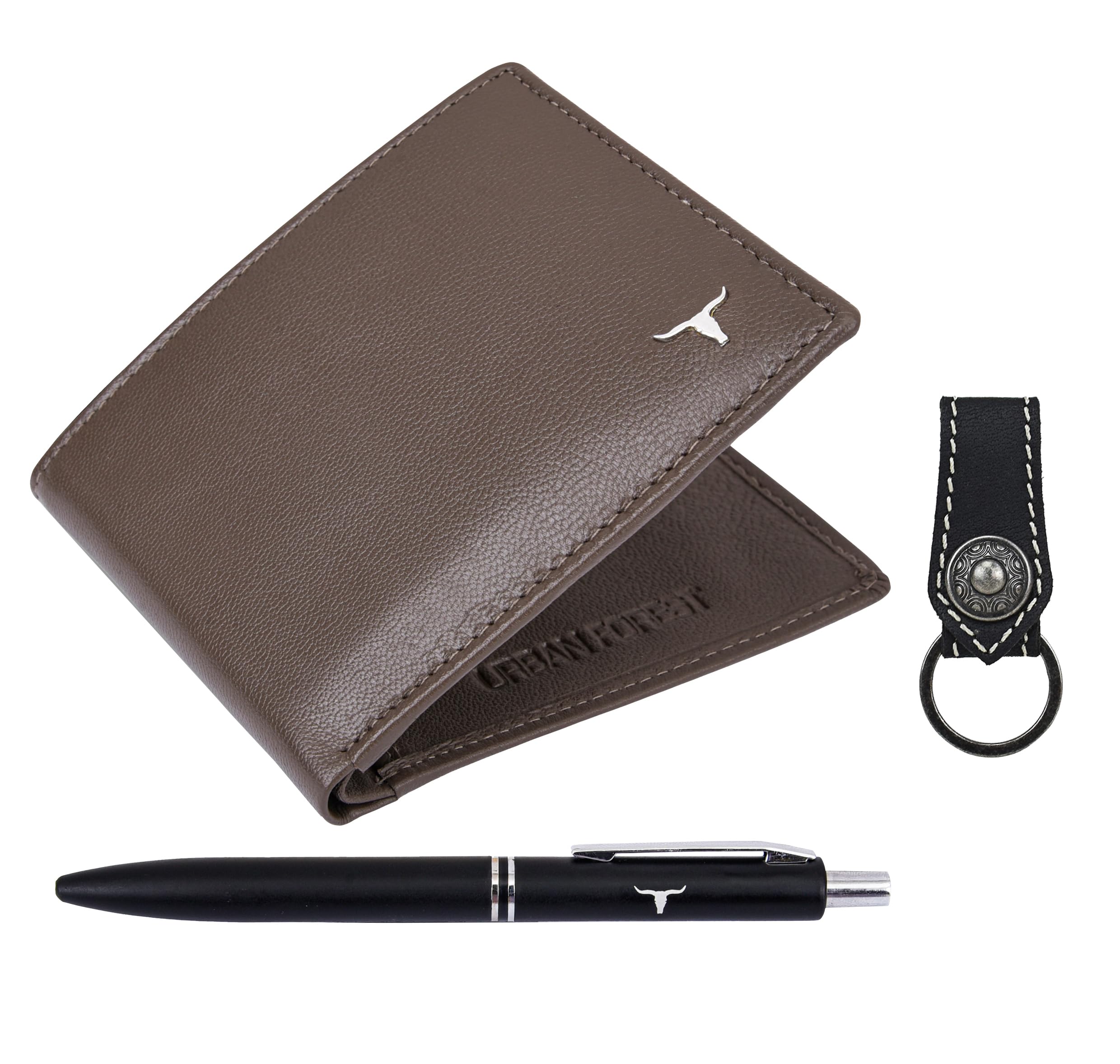 URBAN FOREST Gary Aniline Taupe Leather Wallet, Black Pen & Keychain Combo Gift Set for Men