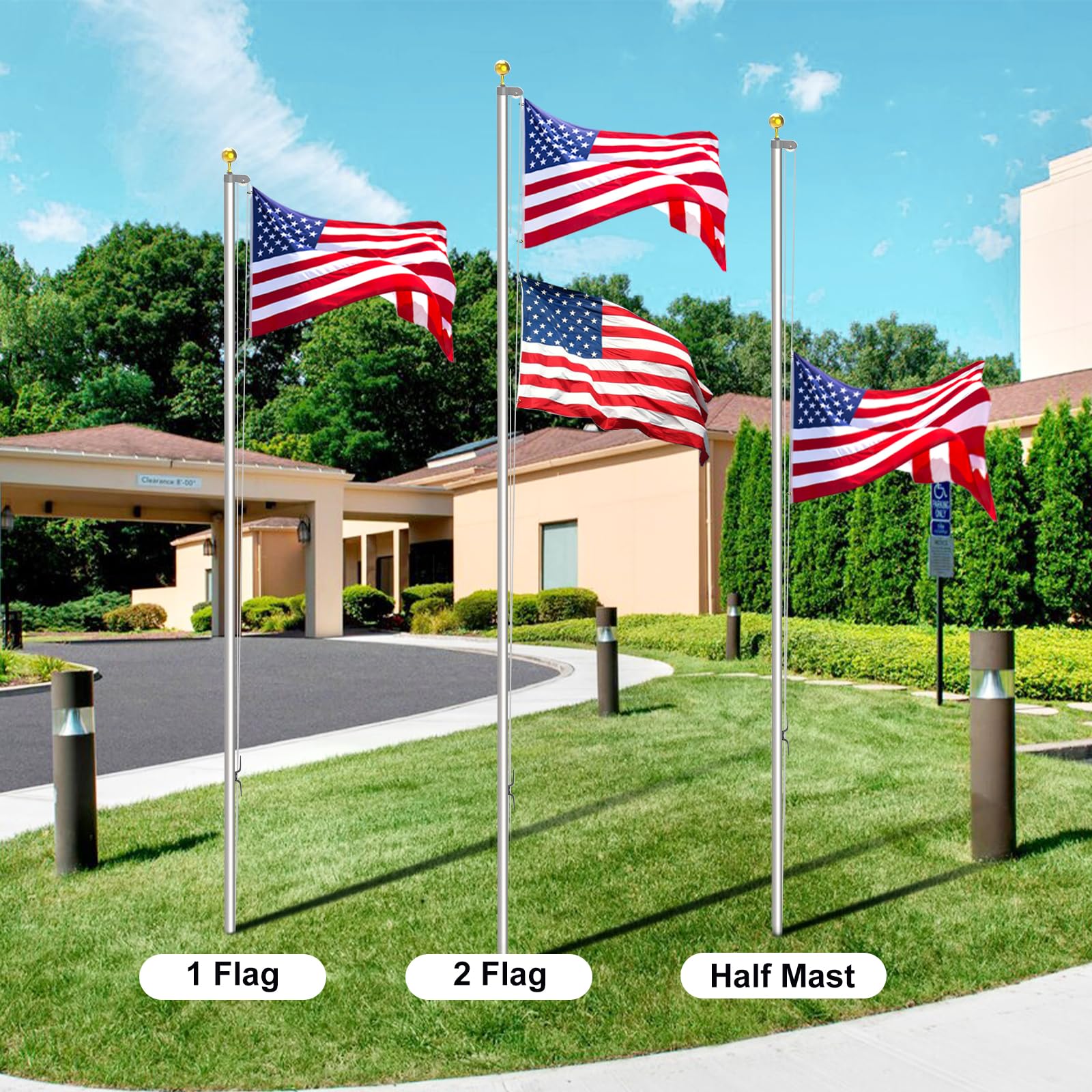 25FT Sectional Flag Pole Kit, Extra Thick Heavy Duty Aluminum Flagpoles for Outside House Inground with 3'*5' American Flag and Black Ball Topper for Residential or Commercial Use, Silvery
