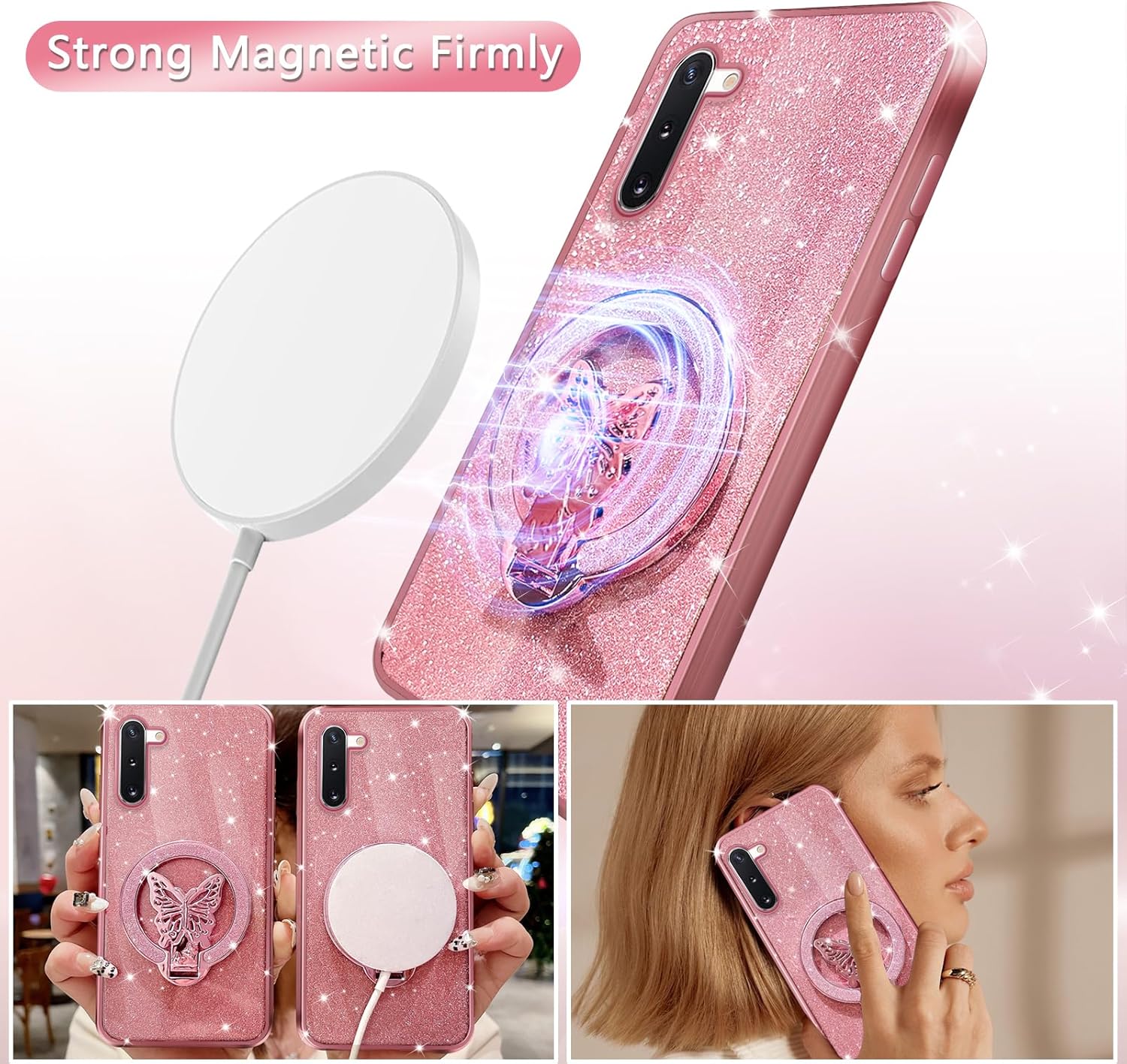 Phone Case for Samsung Note 10 [Compatible with Magsafe] with Butterfly Kickstand & Lanyard Soft TPU Bling Clear Shockproof Protection Cover for Galaxy Note 10 Case, Rose Gold - Image 4