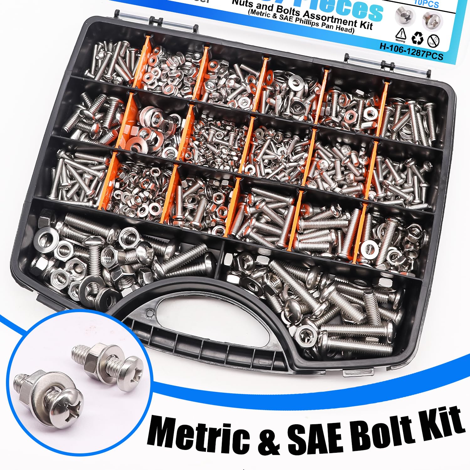 1287Pcs Nuts and Bolts Assortment Kit, 304 Stainless Steel Bolts Machine Screws Hardware Assortment Kit, Metric & SAE Phillips Pan Head Screws, Assorted Bolts, Nuts and Washers Kit — Amazon image 5