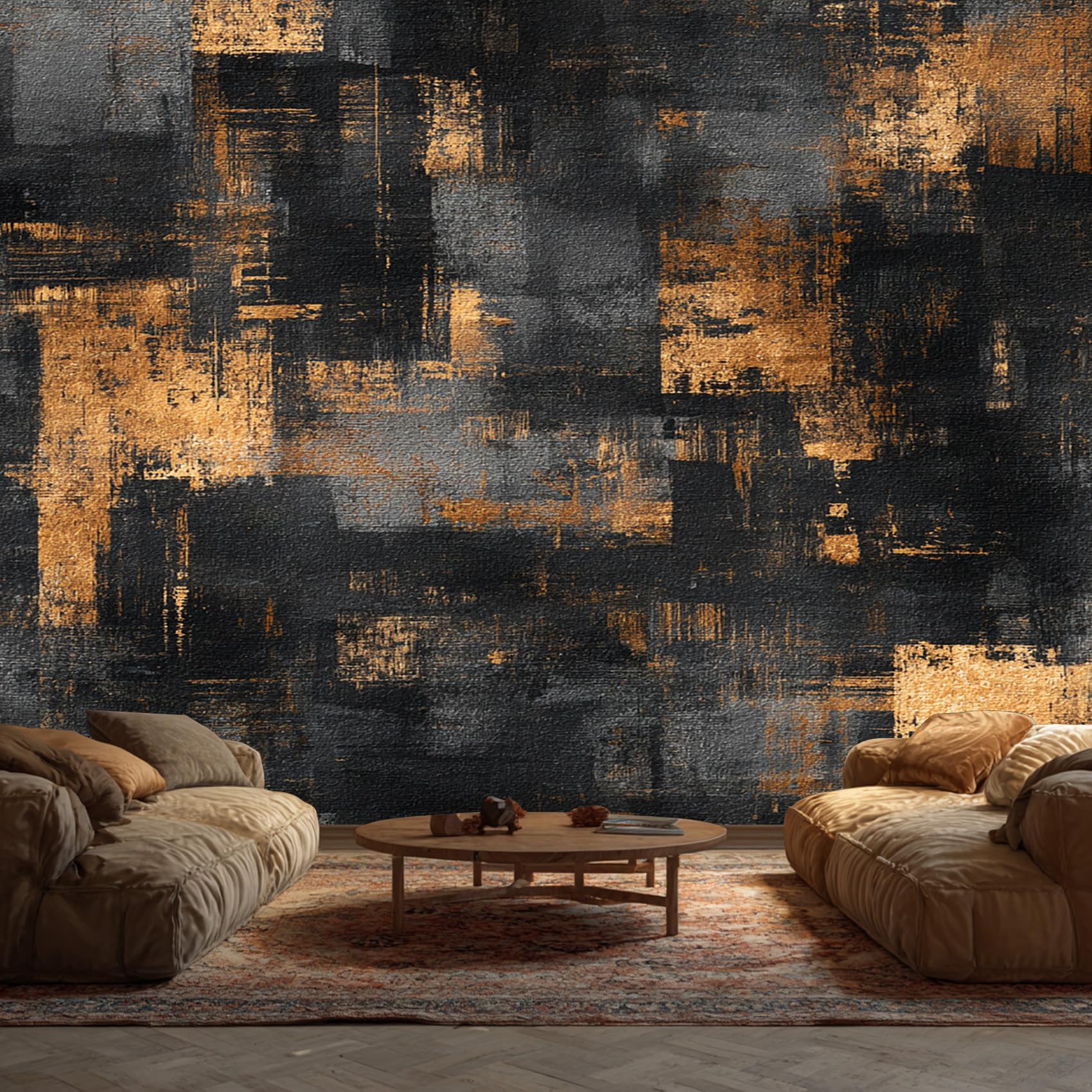 Industrial Style Wallpaper, Antique Distressed Black Gold Abstract Wallpapers Mural for Living Room Bedroom Kitchen, Industrial Style Home Decor Wall Art Murals Stickers 250x175 cm, Not Self Adhesive