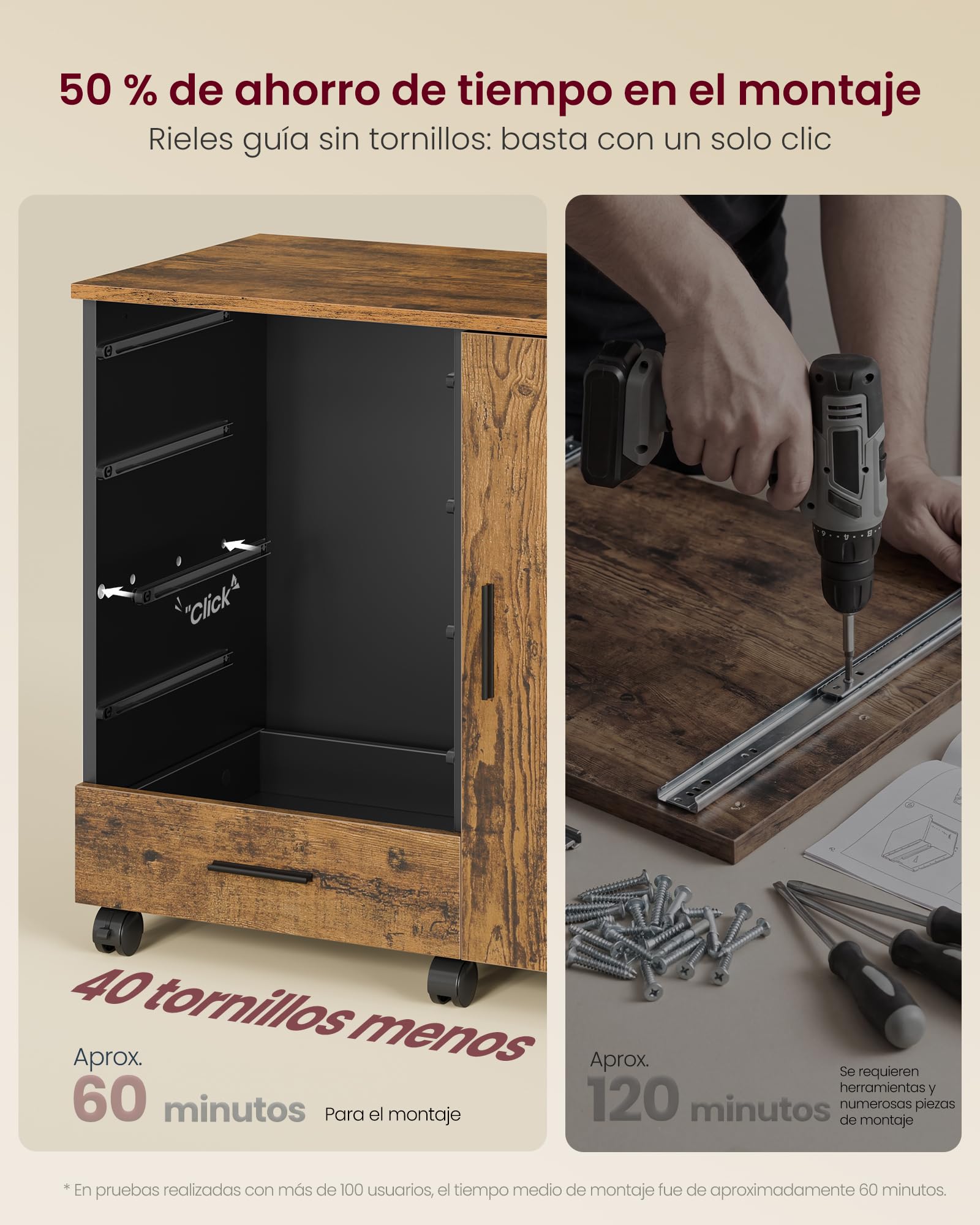VASAGLE Archivador Móvil con 5 Cajones, 2 Estantes con Puerta, Cajonera, Soporte para Impresora, con Guías Deslizantes sin Tornillos, para Oficina, Casa, Marrón Rústico OFC092KD02