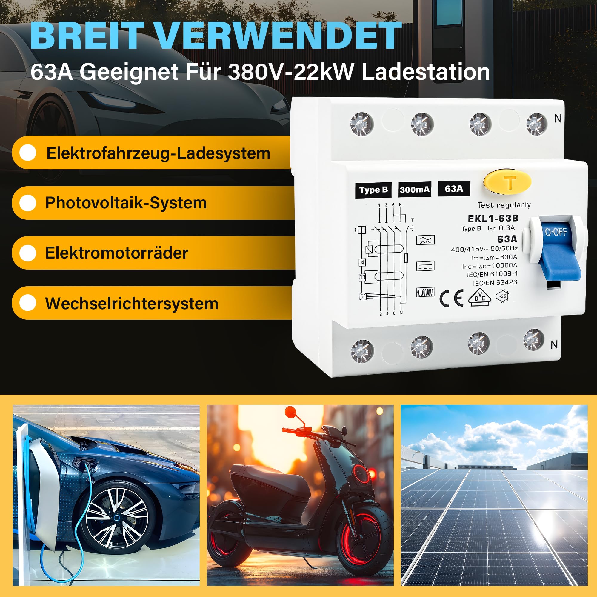 Warmfay® Disjoncteur FI type B 63 A 300 mA 4 broches certifié VDE | Disjoncteur de courant d'erreur RCD - Interrupteur automatique sensible à tout courant - Pour boîtes murales - Station de