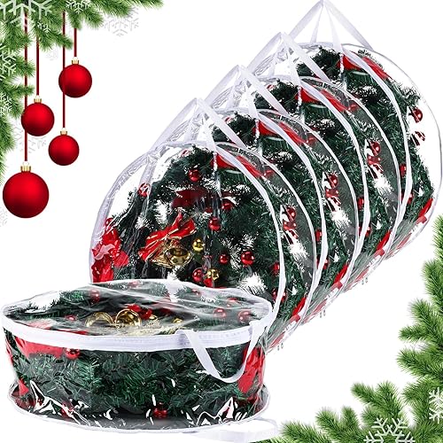 Miniatura 8 de Zhengmy 2 bolsas de almacenamiento transparentes de Navidad para coronas de Navidad, bolsas de almacenamiento con cremalleras dobles y asas para