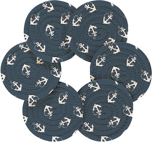 Miniatura 2 de innewgogo Blue White Anchor 6 Pcs Absorbent Drink Coasters for Tabletop Protection Handmade Round Woven Coaster with Holder & Heat Water Resistant