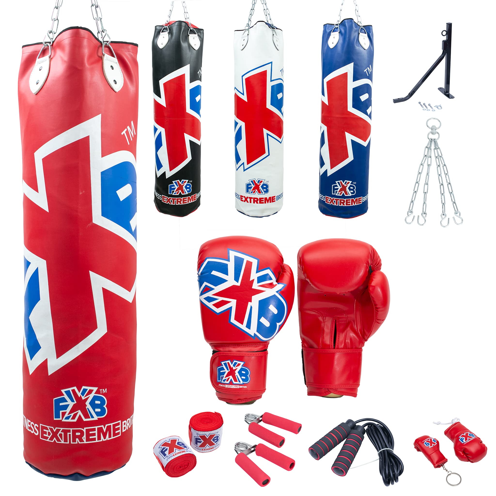 FXB Boxing Bag Set 2ft 3ft 4ft 5ft Unfilled Punching Bag with Gloves Skipping Rope Hand Wraps Hanging Chain Wall Bracket Great for MMA Kickboxing Martial Arts (Red, 3 ft)