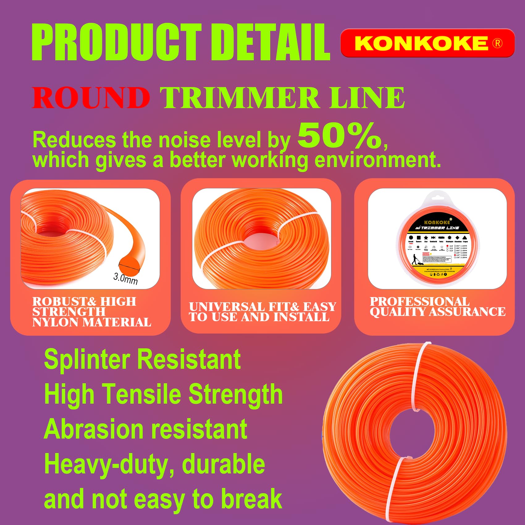 Filo Decespugliatore Konkoke 3.0mm - 50m, Nylon, Per Tagliaerba (Giallo)