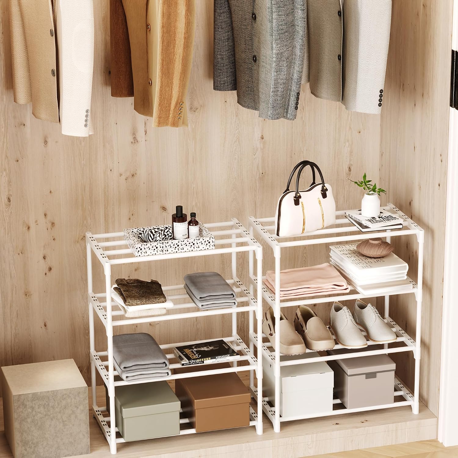 Small Stackable Shoe Rack,Narrow Kids Shoe Stand,Metal Shoe Storage Shelf for 6-8 Pairs ofShoes Entryway and Closet Hallway (3-Tier, White)
