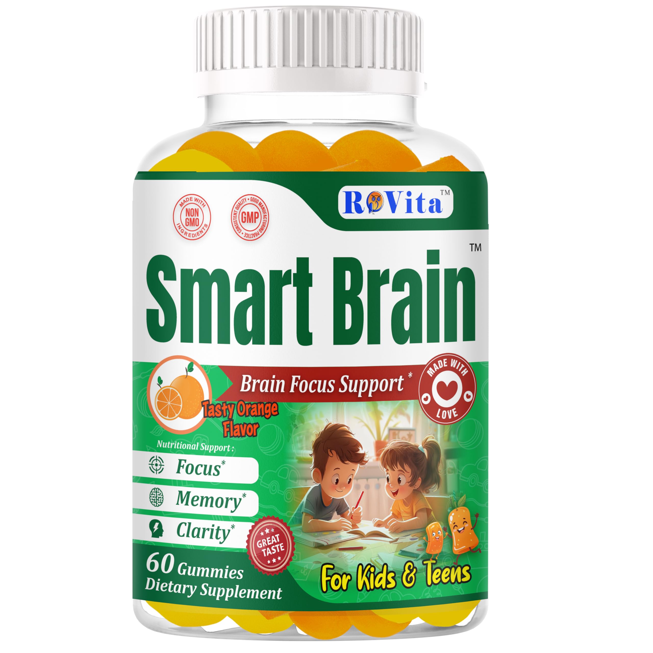 Smart Brain Omega 3 for Kids, Focus Gummies for Kids & Teens, Attention and Focus Supplement Brain Vitamins for Memory & Concentration, Orange Flavor 60 Gummies