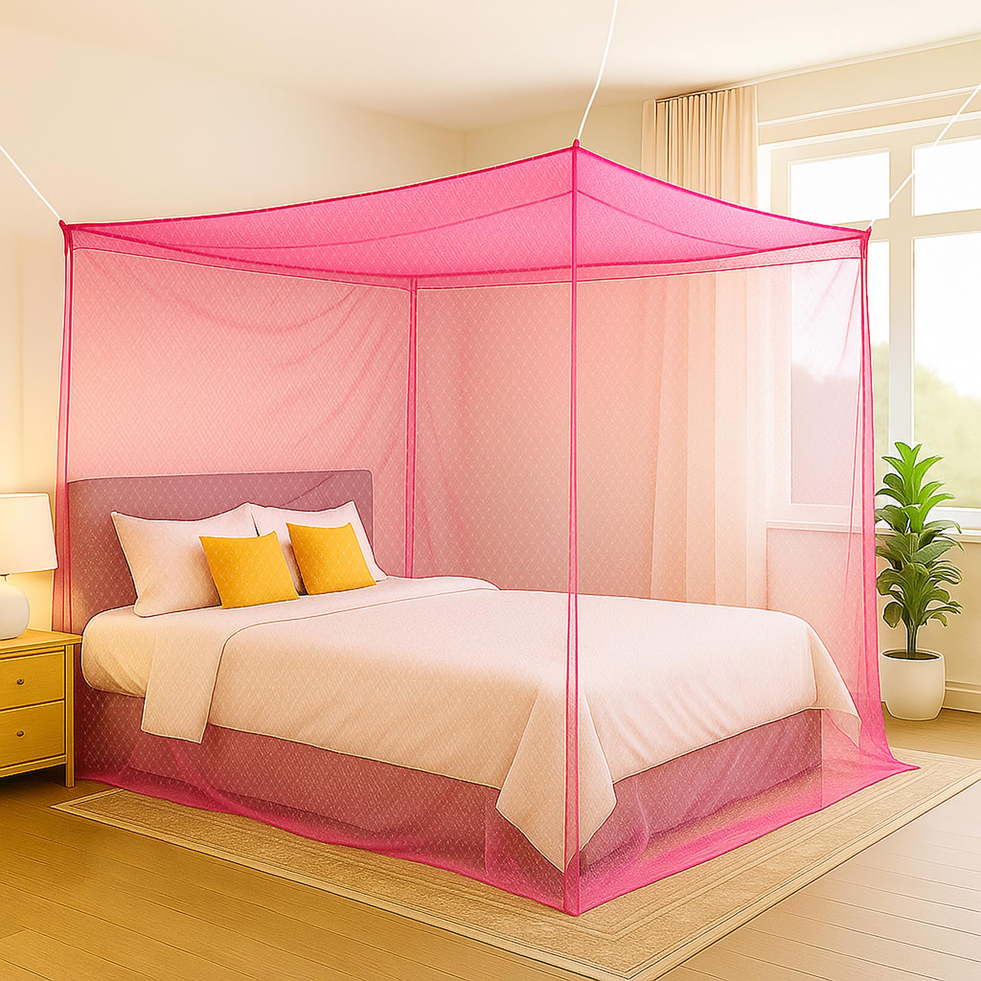 classic mosquito net for double bed square embroidery foldable machardani |polyester strong & breathable mesh 5 x 7 ft |easy setup, lightweight, portable & ideal for home & travel - full pink