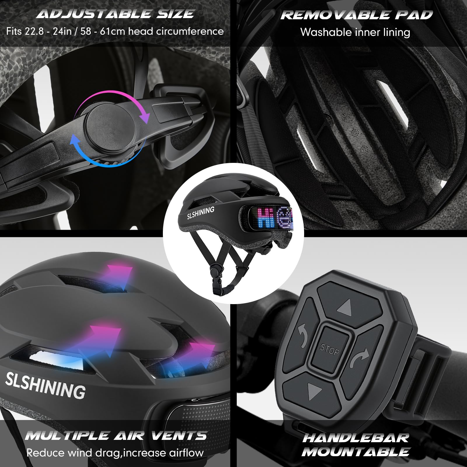 Casco da bicicletta connesso e sicuro per uomo donna casco intelligente con display LED personalizzabile, luci posteriori frenate, indicatori di direzione e avviso luminoso per mountain bike, strada