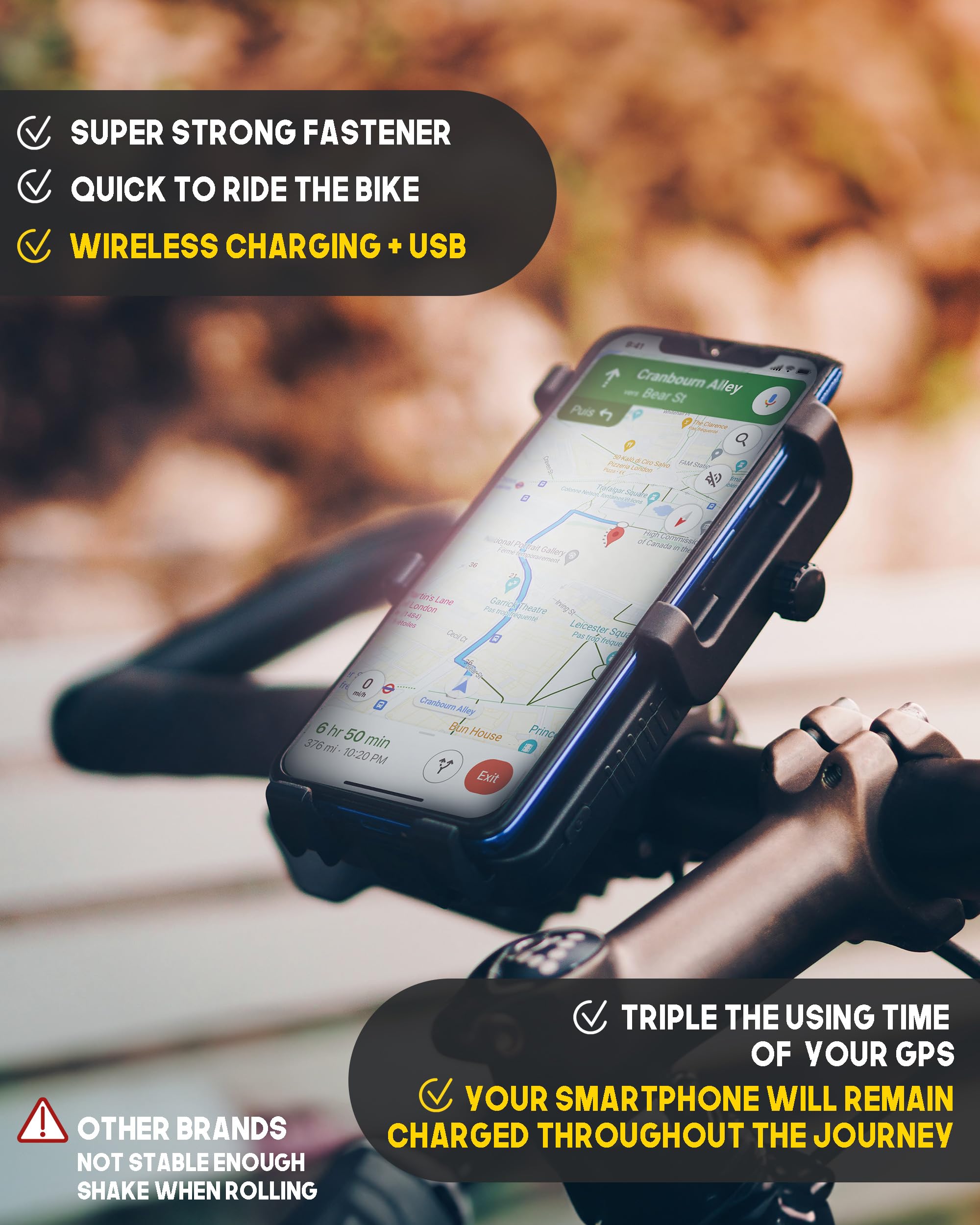 Sunslice Uchwyt rowerowy na telefon komórkowy z wbudowanym powerbankiem bezprzewodowym i lampką rowerową do smartfona, z funkcją bezprzewodowego ładowania