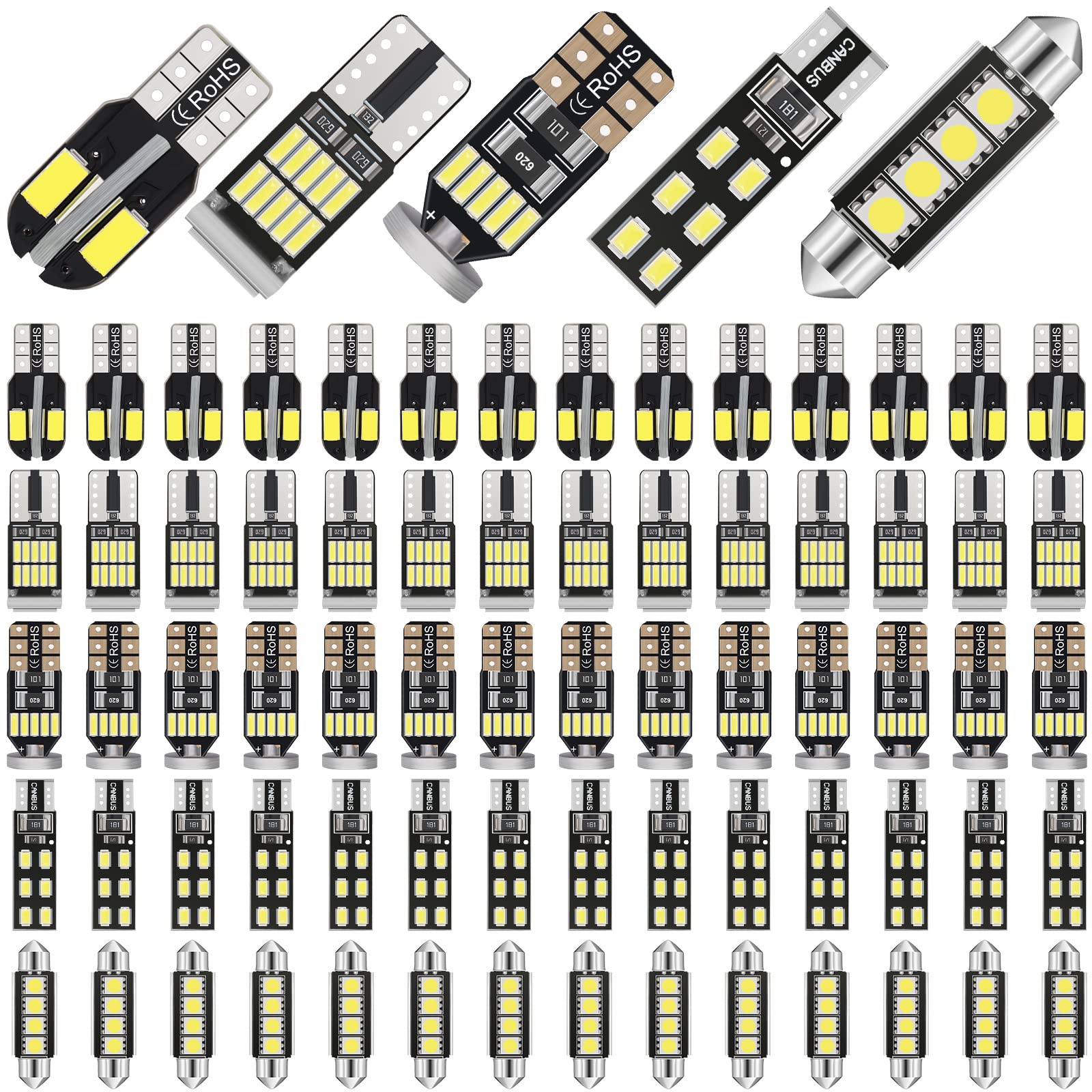 BBTO 100 Pieces LED Car Bulb Kit Interior Lights T10 25 mm 26 mm 27 mm 32 mm and 41 mm Dome Light LED Festoon Bulbs for Car Map Dome Trunk Cargo Door Courtesy License Plate Light